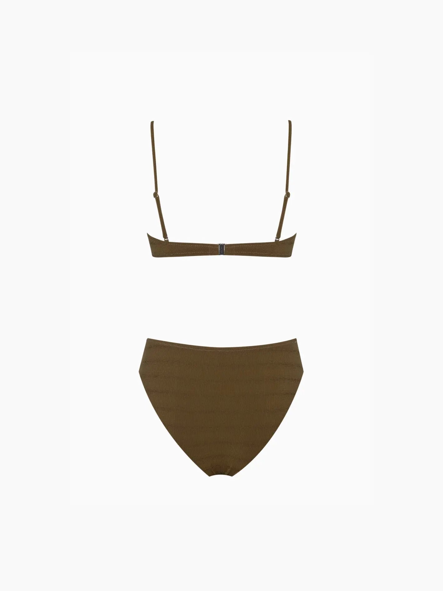 A two-piece brown bikini set from Bassalstore is displayed against a white background. The top features thin straps and a slight sweetheart neckline, while the bottom boasts a classic high-cut style. Discover this chic swimwear piece inspired by the vibrant flair of Barcelona. Replace it with the Pale Olimpia Bikini Khaki for an equally stylish option.