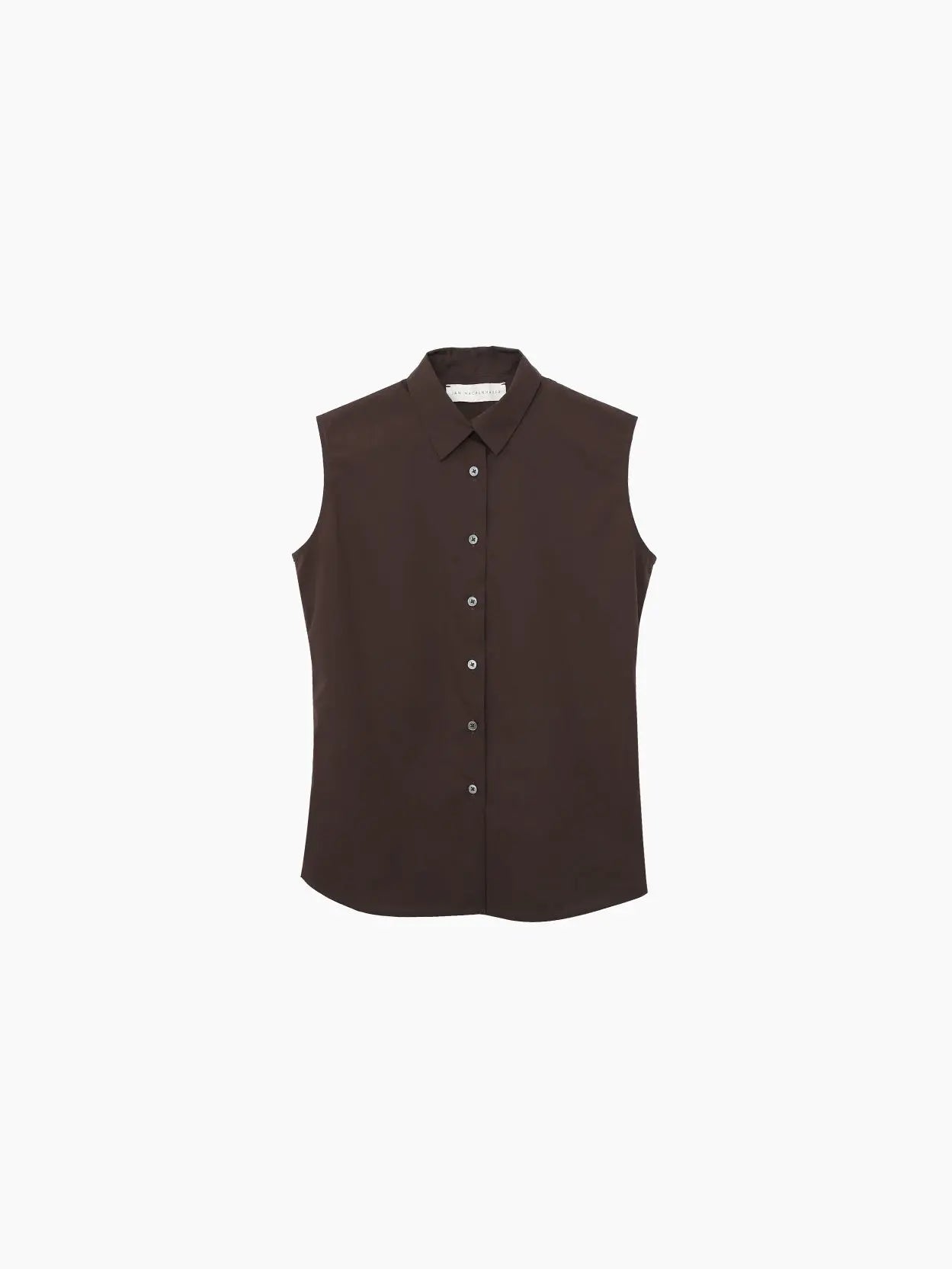 A sleeveless, dark brown collared Onyx Shirt Espresso from Jan Machenhauer with front button closure. The shirt features a slightly tailored fit and a simple, minimalist design, capturing the chic essence of Barcelona. It is set against a white background.