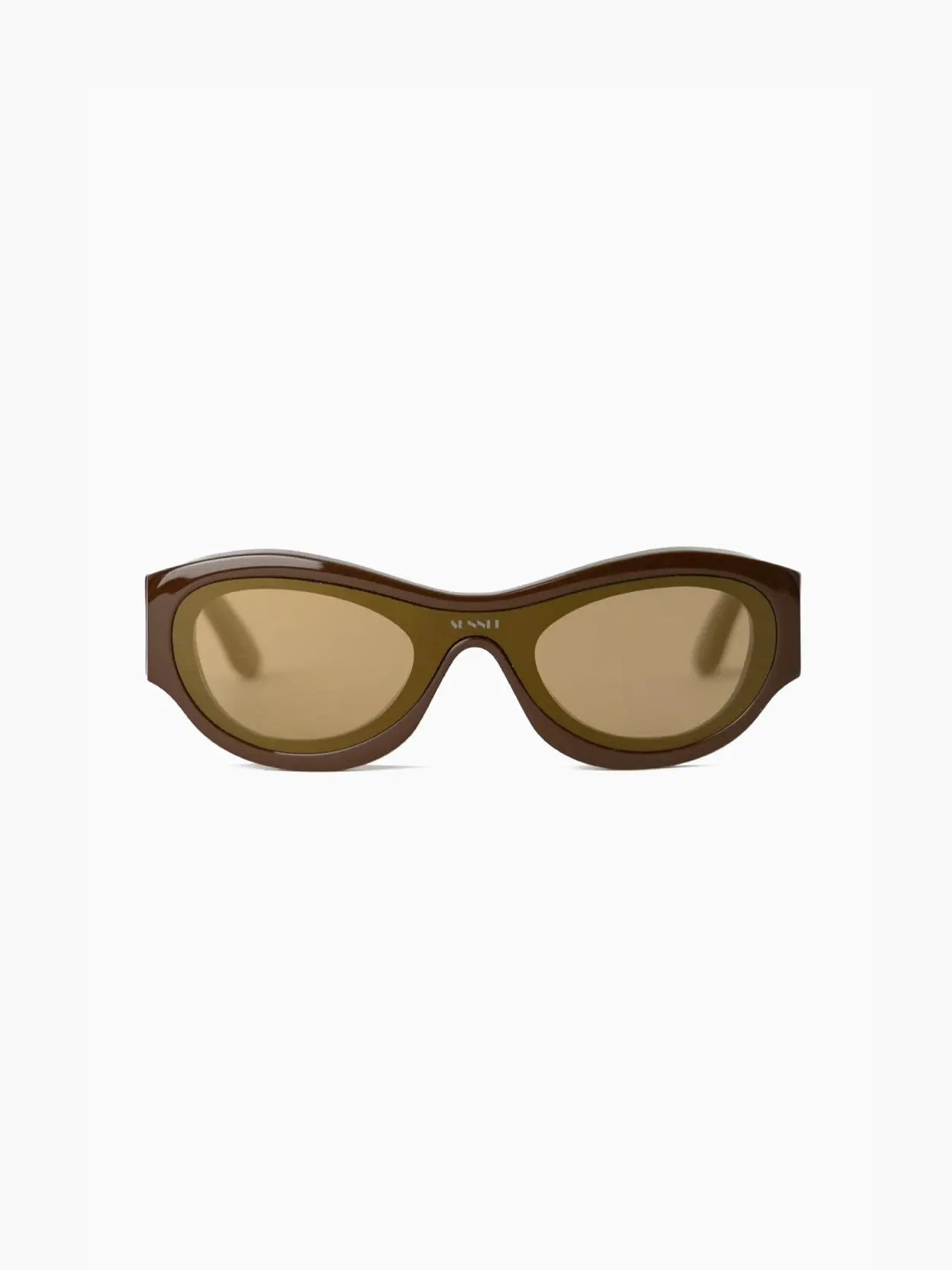 A pair of Prototipo 5 Sunglasses Dark Brown by Sunnei. The frame is sleek and slightly curved, with the brand name subtly displayed on the upper part of the left lens. Available at Bassalstore Barcelona, the plain white background emphasizes the stylish eyewear.