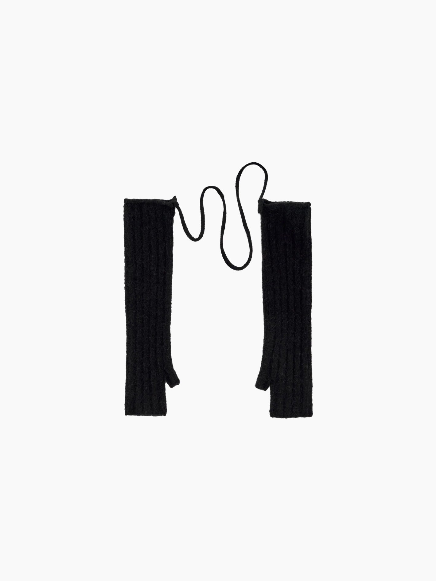 A pair of Mijikai Mittens Black by Rus, crafted from luxurious Italian yarn, are laid flat against a white background. Connected by a thin string, these long knit gloves feature a ribbed texture, reminiscent of elegant fingerless mittens.