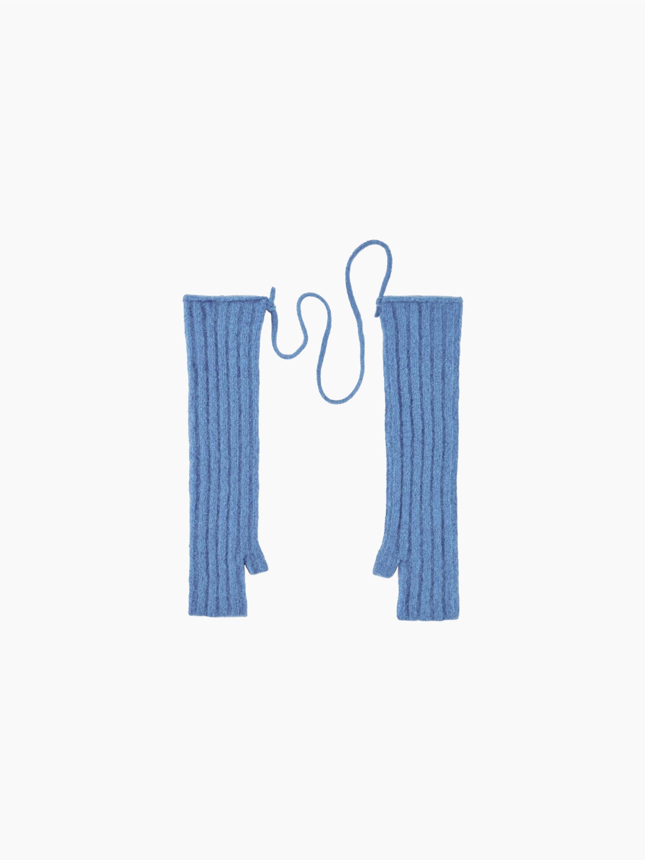 The Mijikai Mittens Dusty Blue by Rus, crafted from luxurious Italian yarn, are a pair of blue knitted fingerless mittens, delicately connected by a string and laid out on a plain white background.