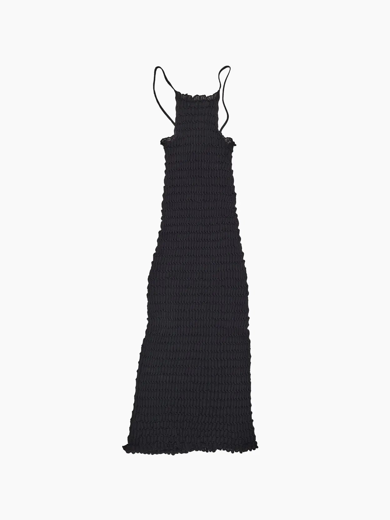 A long, sleeveless black dress with thin shoulder straps is displayed against a plain white background. The Rina Dress Black by Rus, featured at Bassalstore in Barcelona, boasts textured, crinkled fabric and a straight, narrow silhouette.