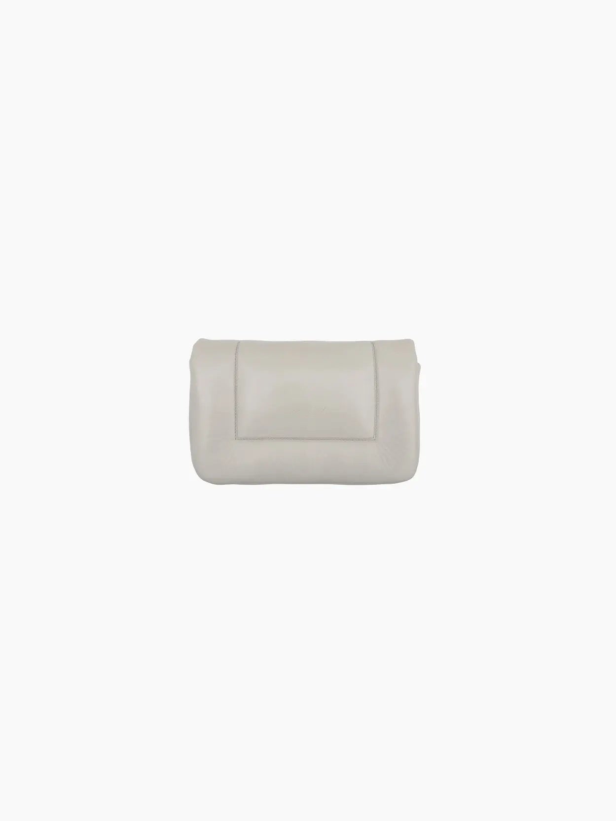 A small, rectangular, off-white Riquadro Clutch Mist from Marsèll is displayed against a plain white background. The handbag has a simple design with a flap closure and minimal detailing, reflecting the timeless elegance found in many Barcelona boutiques.