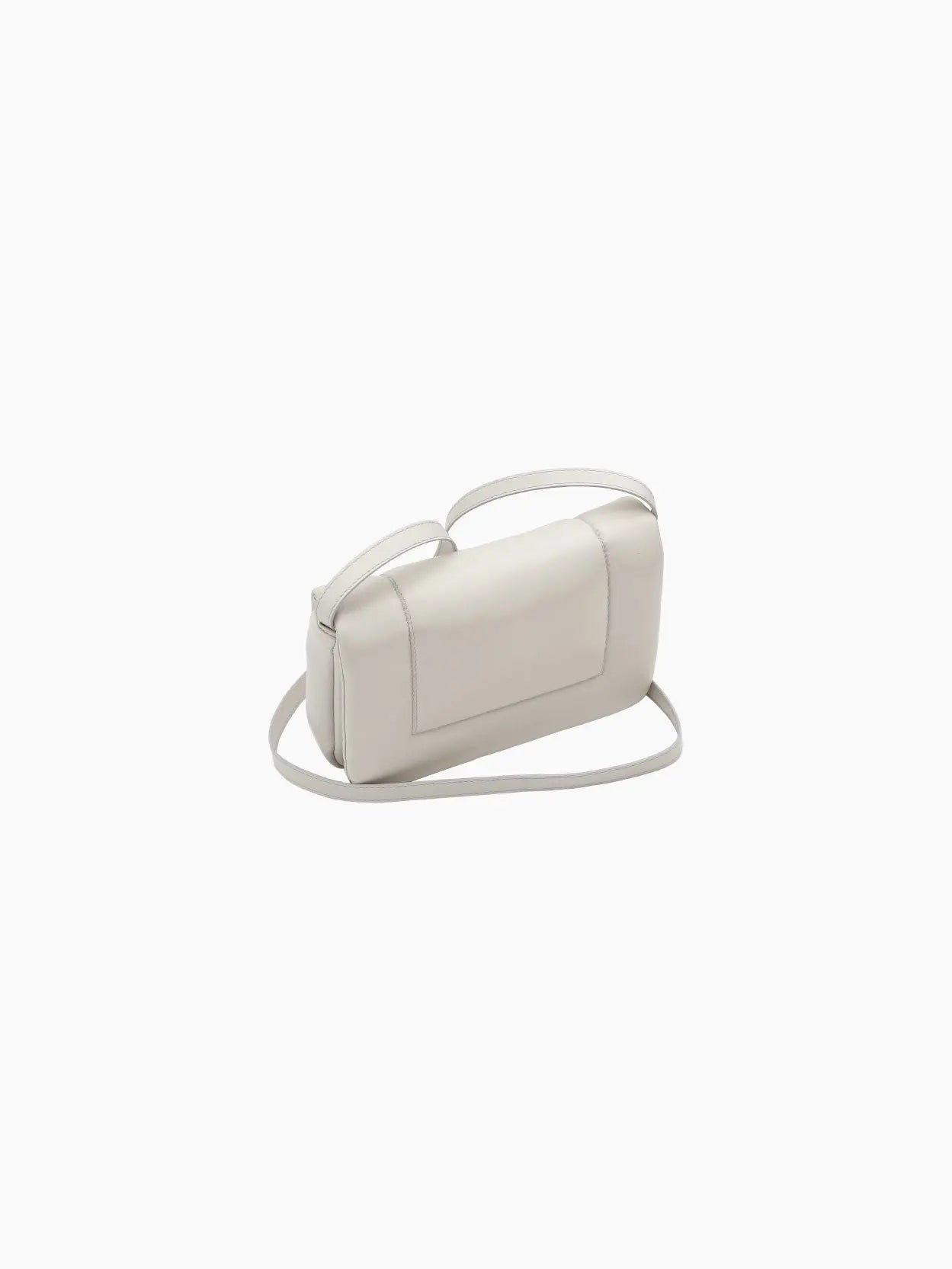 A small, rectangular, off-white Riquadro Clutch Mist from Marsèll is displayed against a plain white background. The handbag has a simple design with a flap closure and minimal detailing, reflecting the timeless elegance found in many Barcelona boutiques.