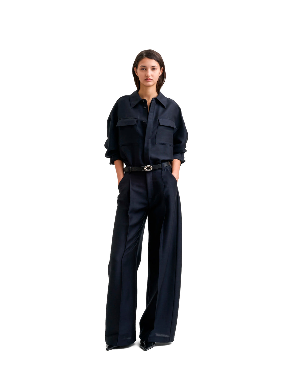 Pleated Wide Trousers Dark Navy