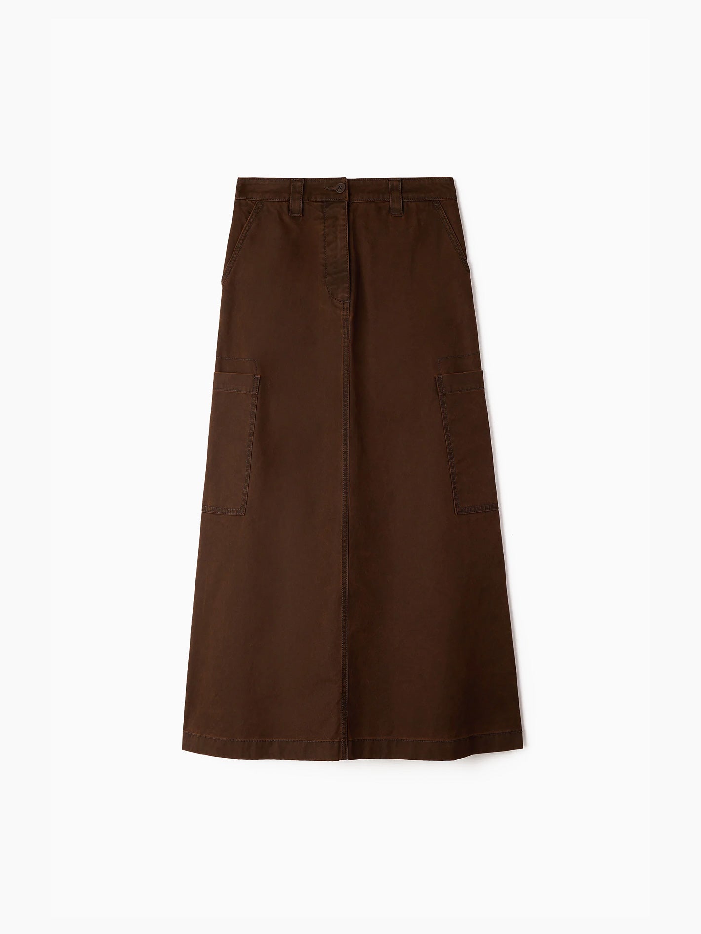 The Cargo Skirt Brown by Sunnei is an A-line midi skirt crafted from 100% cotton, featuring a high waist, two large front pockets, and a front button closure. Its sturdy fabric makes it perfect for everyday wear.