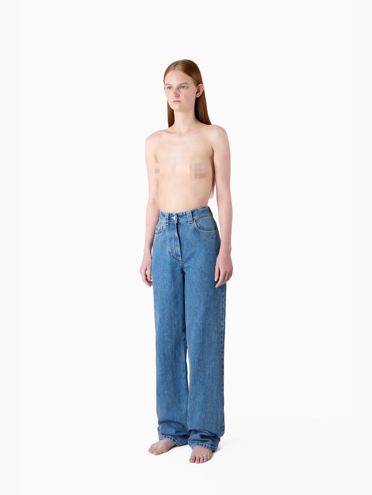 A pair of Sunnei Classic Denim Pants Washed Blue, featuring a high-waisted, straight-leg design made from organic cotton with a classic five-pocket arrangement and secured with a zip fly and button closure, laid flat on a white background.