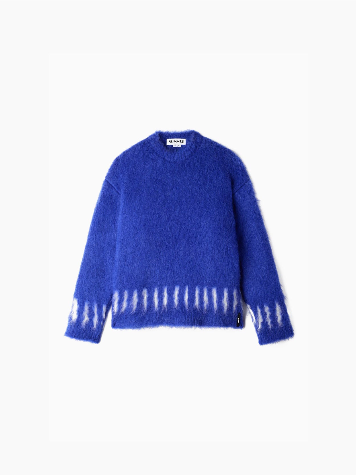 The Hairy Knit Sweater Electric Blue from Sunnei is a fuzzy piece crafted from Italian materials, showcasing white tie-dye patterns near the hem and cuffs. It is displayed against a plain white background and available in size S by Fatima.