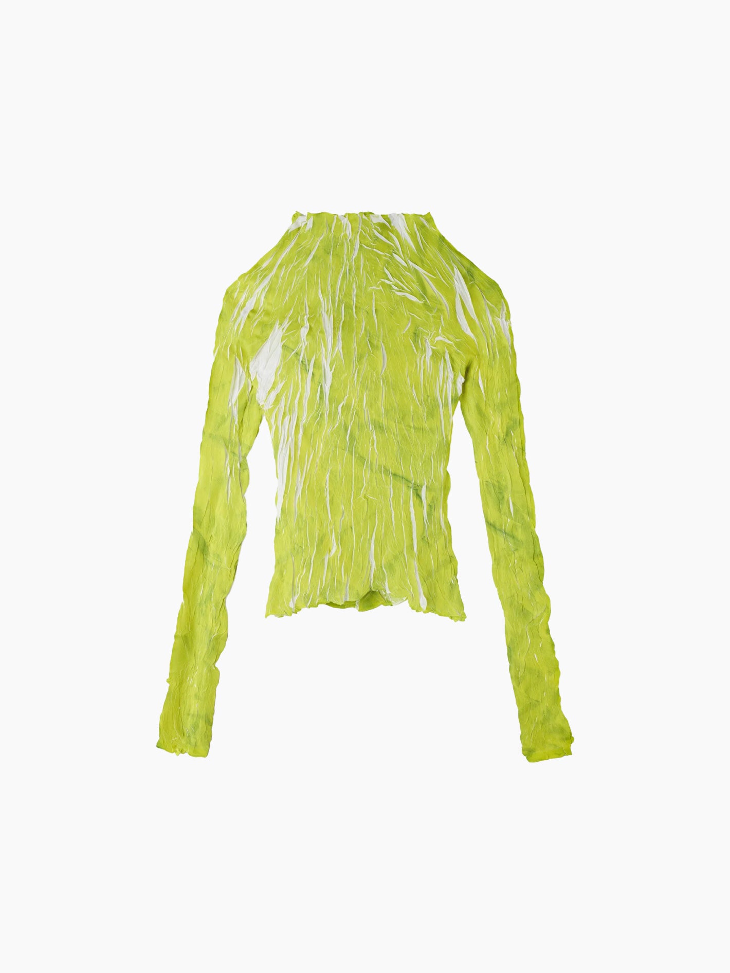 The Pleated Long-sleeve Top Green by Sunnei is a neon green, wrinkle-pleated longsleeve top with a high neckline and distinctive white streaks. Crafted in Italy, this stylish piece is showcased against a plain white background.