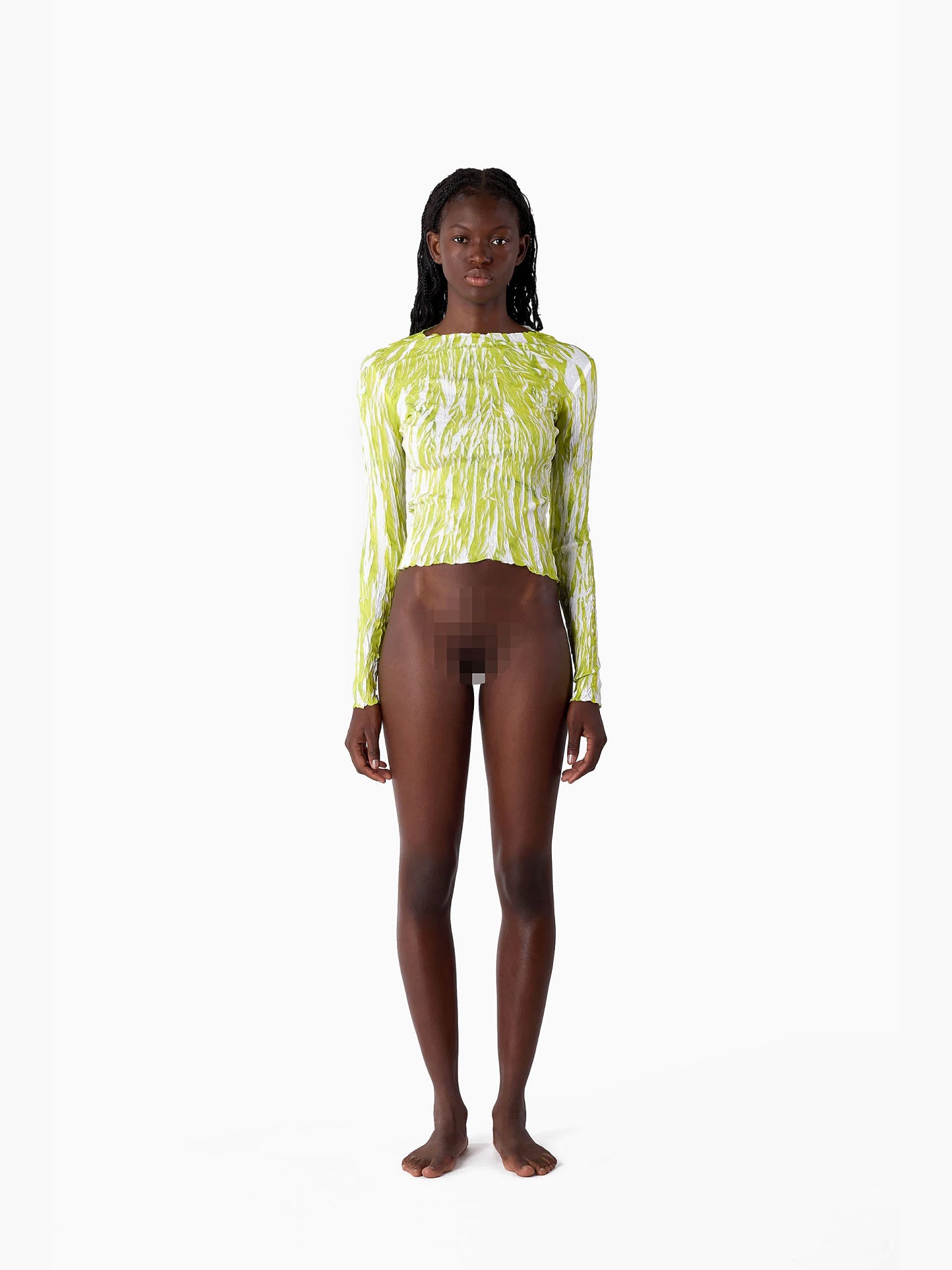 The Pleated Long-sleeve Top Green by Sunnei is a neon green, wrinkle-pleated longsleeve top with a high neckline and distinctive white streaks. Crafted in Italy, this stylish piece is showcased against a plain white background.