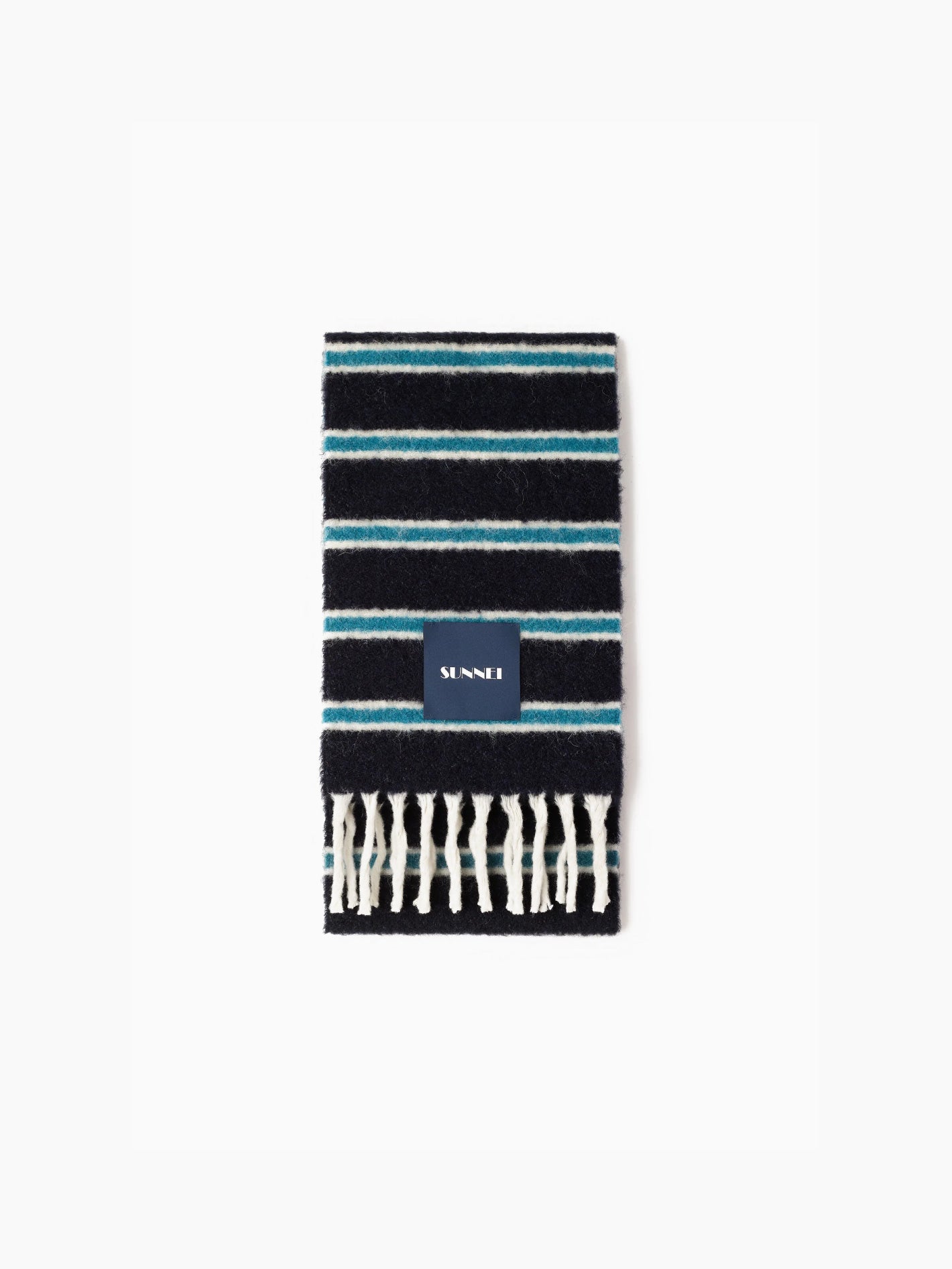 Introducing the Blue Stripes Scarf by Sunnei, a folded accessory with horizontal lines in black, blue, and white. Crafted from luxurious alpaca wool, it is elegantly accented with fringes at the ends and features a small rectangular label.