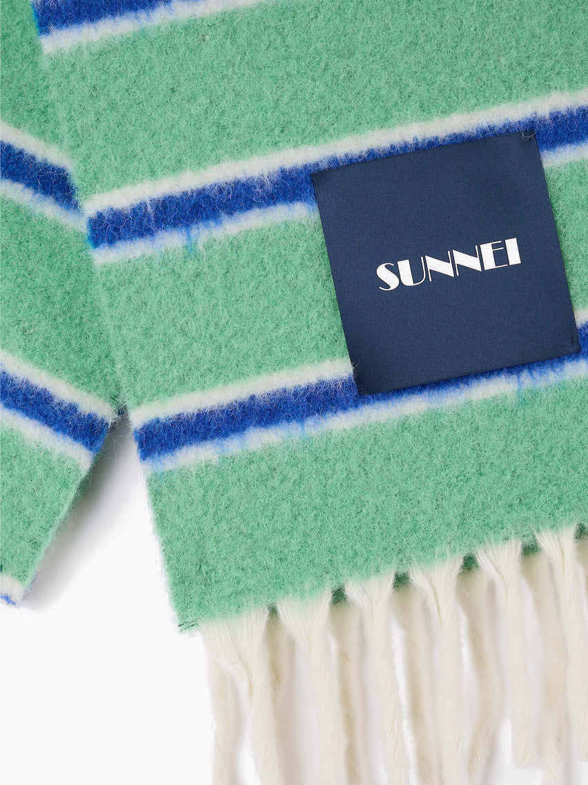 The Green Stripes Scarf by Sunnei, elegantly folded, is crafted from luxurious alpaca wool and features blue and white stripes against a green background. It rests gracefully on a white backdrop, boasting a black label with white text and finished with fringes at the end. Proudly made in Italy.