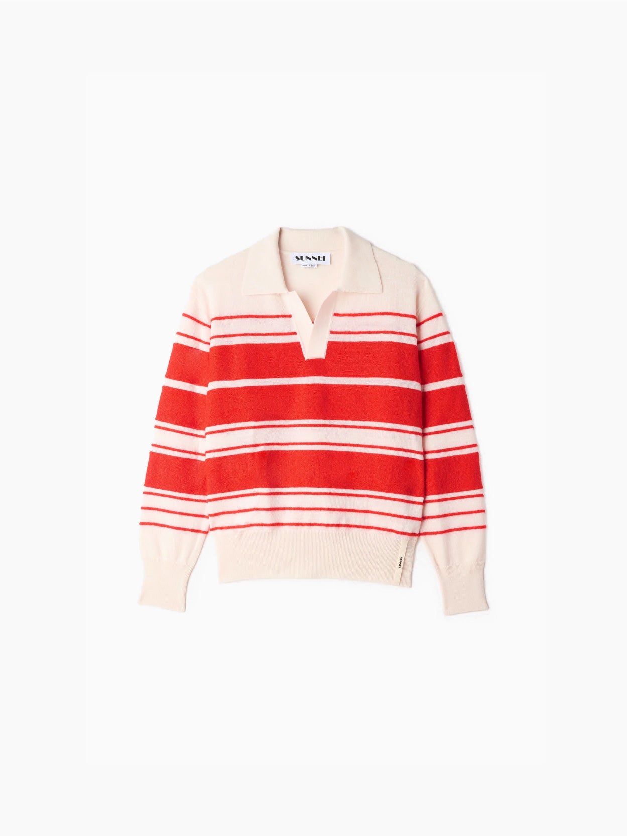 The Striped Knit Polo in Off White/Acid Red by Sunnei is a long-sleeve sweater featuring horizontal stripes. Crafted from 100% WE, it showcases a design with cream collar and cuffs, complemented by thick acid red and thin white stripes on the body. The relaxed fit is presented beautifully as it lies flat on a white background.