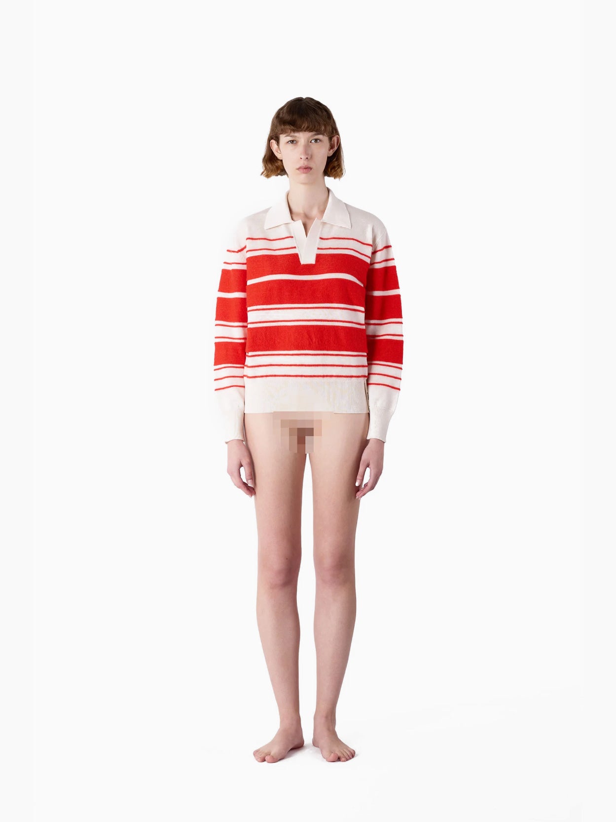 The Striped Knit Polo in Off White/Acid Red by Sunnei is a long-sleeve sweater featuring horizontal stripes. Crafted from 100% WE, it showcases a design with cream collar and cuffs, complemented by thick acid red and thin white stripes on the body. The relaxed fit is presented beautifully as it lies flat on a white background.