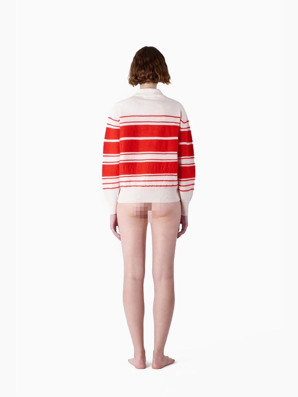 The Striped Knit Polo in Off White/Acid Red by Sunnei is a long-sleeve sweater featuring horizontal stripes. Crafted from 100% WE, it showcases a design with cream collar and cuffs, complemented by thick acid red and thin white stripes on the body. The relaxed fit is presented beautifully as it lies flat on a white background.