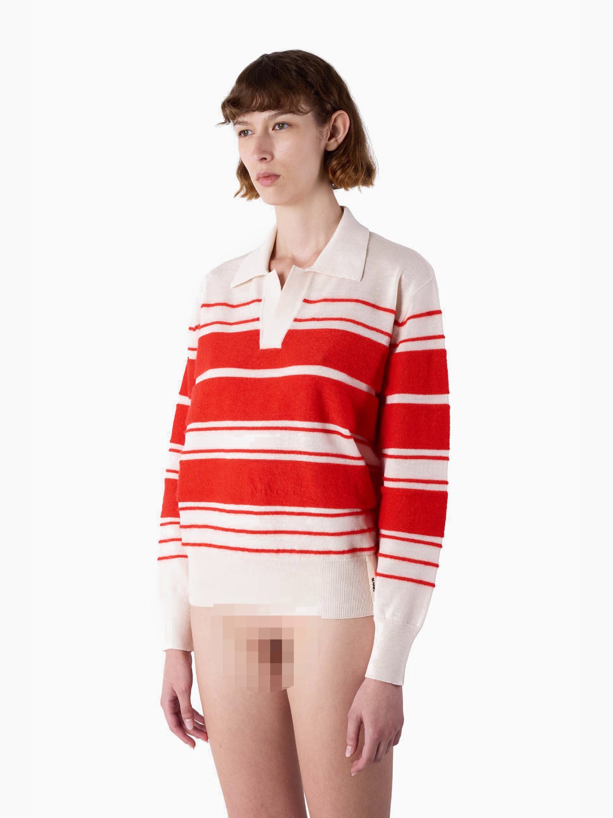 The Striped Knit Polo in Off White/Acid Red by Sunnei is a long-sleeve sweater featuring horizontal stripes. Crafted from 100% WE, it showcases a design with cream collar and cuffs, complemented by thick acid red and thin white stripes on the body. The relaxed fit is presented beautifully as it lies flat on a white background.