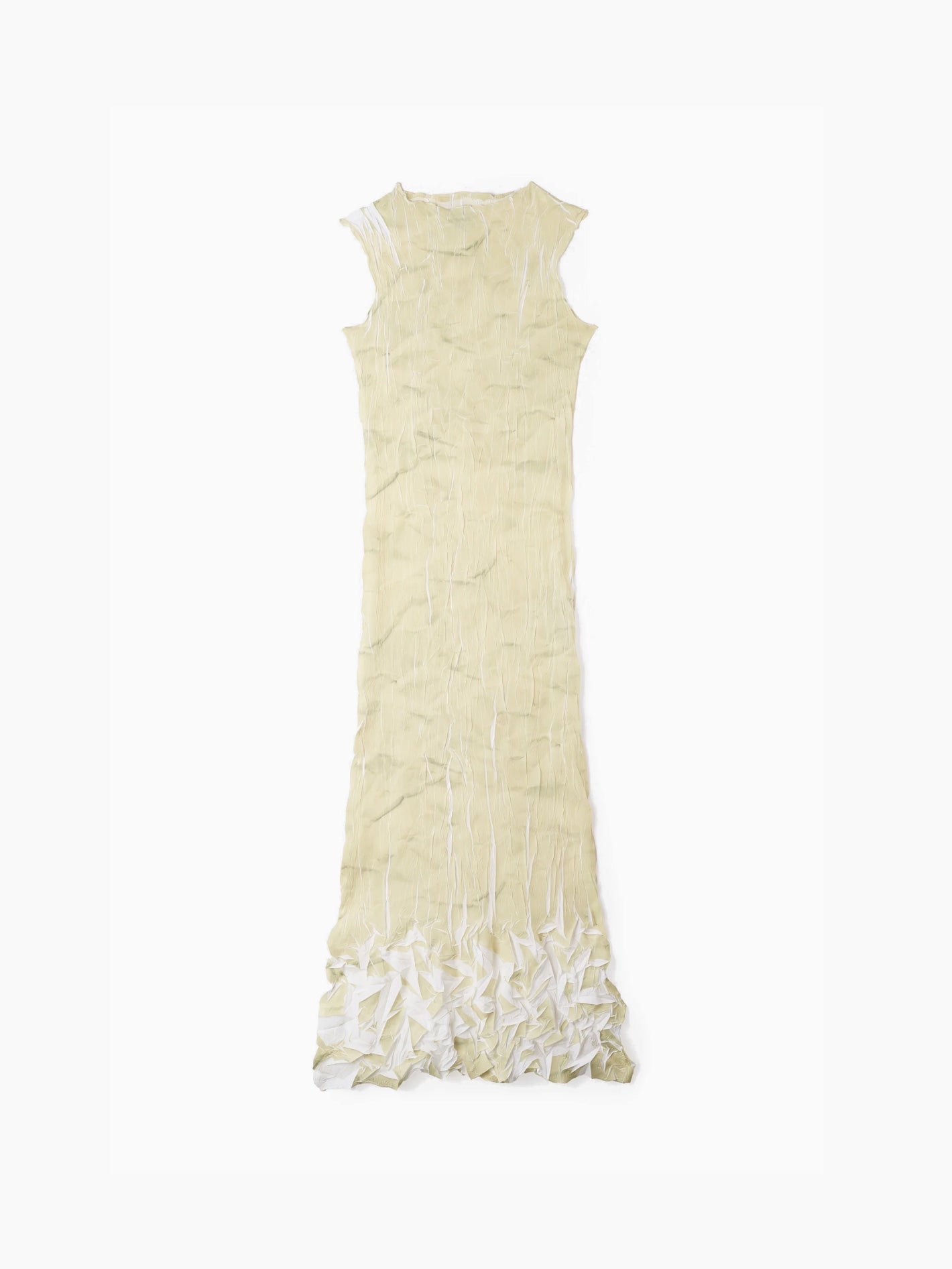 This is a sleeveless Pleated Long Dress by Sunnei, featuring a textured surface in light beige with ruffled details at the bottom, laid flat on a white background.