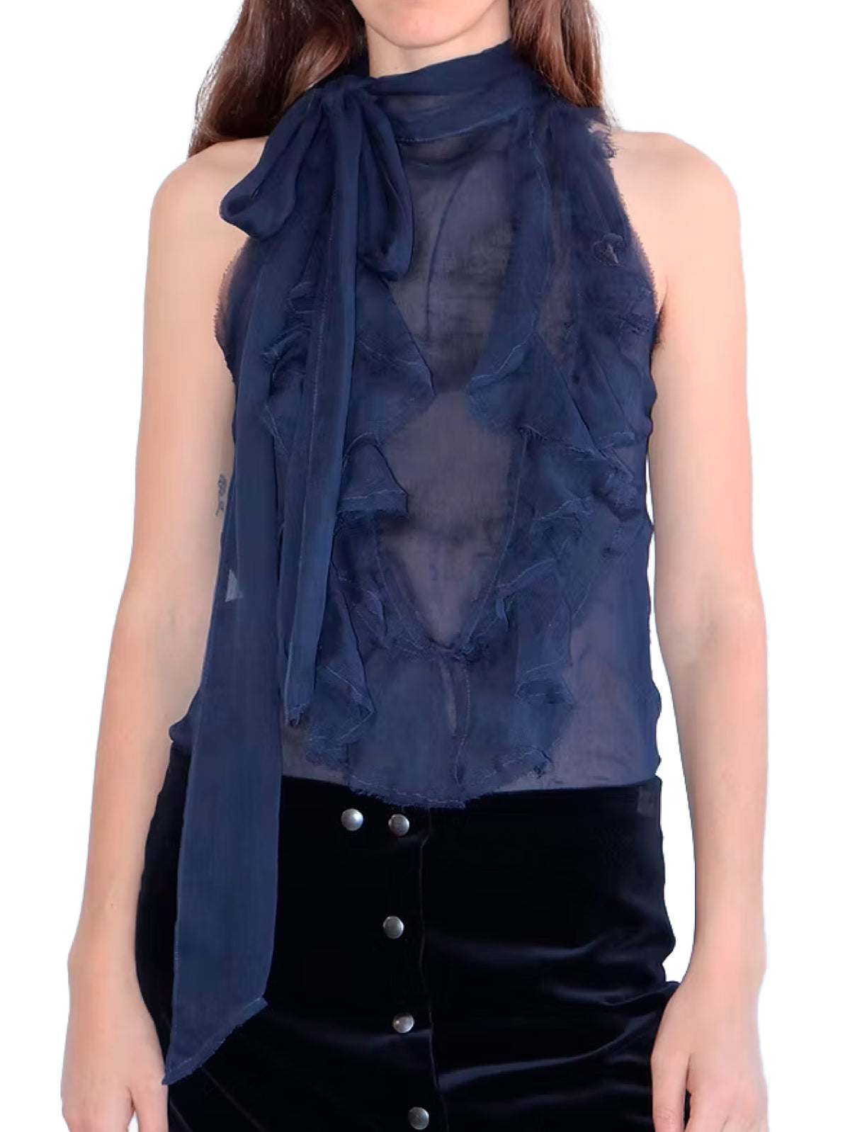 Silk Ruffle Halter Top Navy