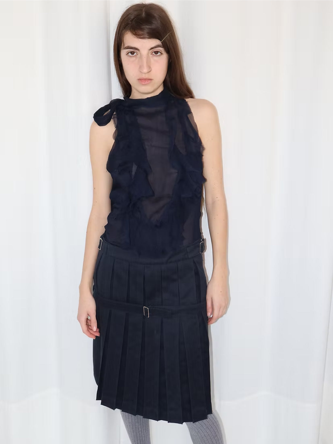 Silk Ruffle Halter Top Navy