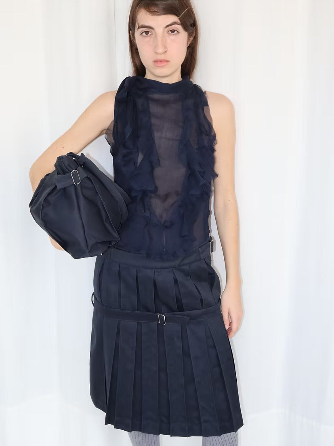 Silk Ruffle Halter Top Navy