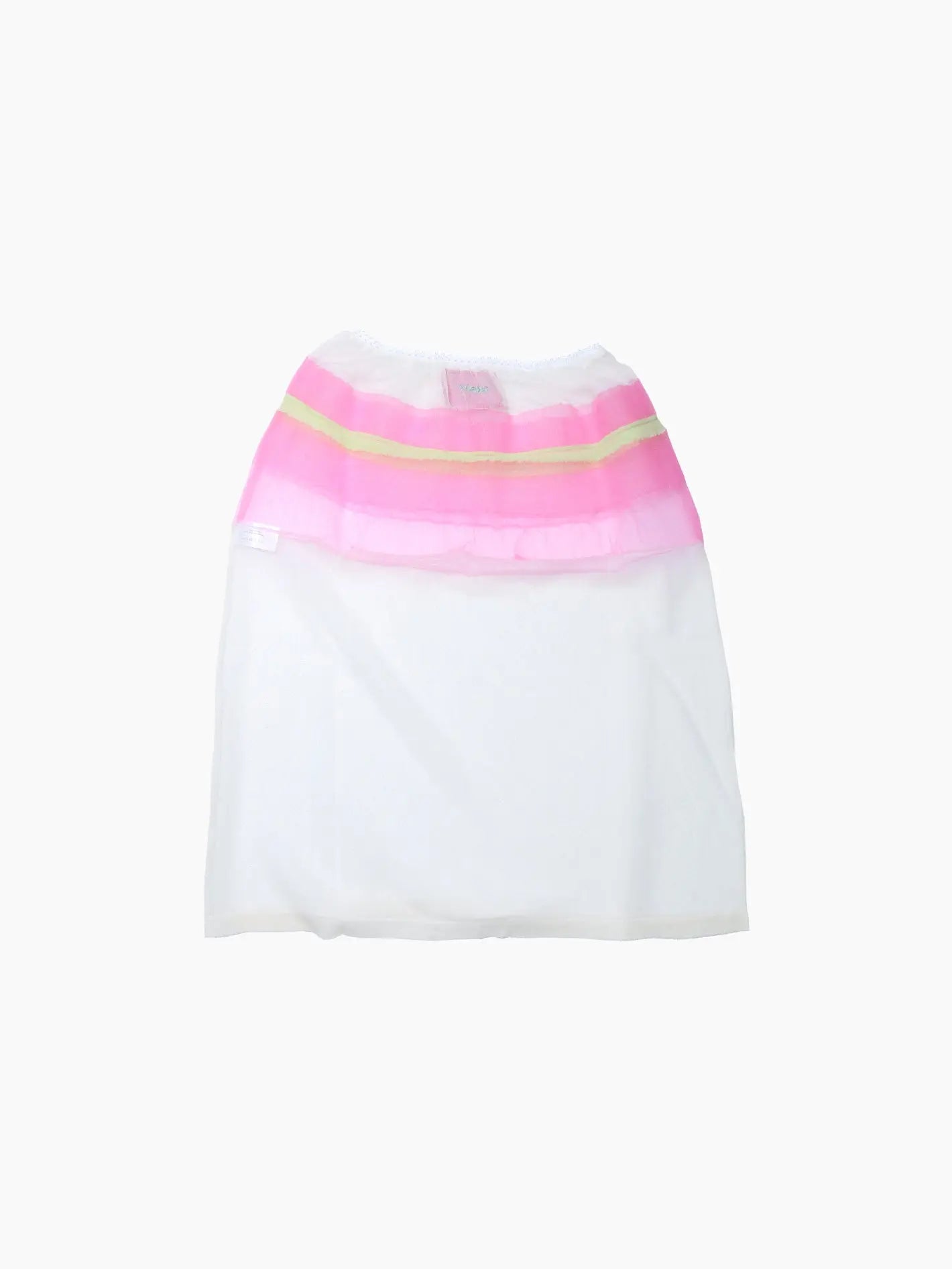 An image of the Spencer Skirt Ecru available at BassalStore, featuring a white lower section and a pink upper section. The skirt has two horizontal lime-green stripes near the top and an elastic waistband for a comfortable fit. This stylish item is brought to you by Bielo.