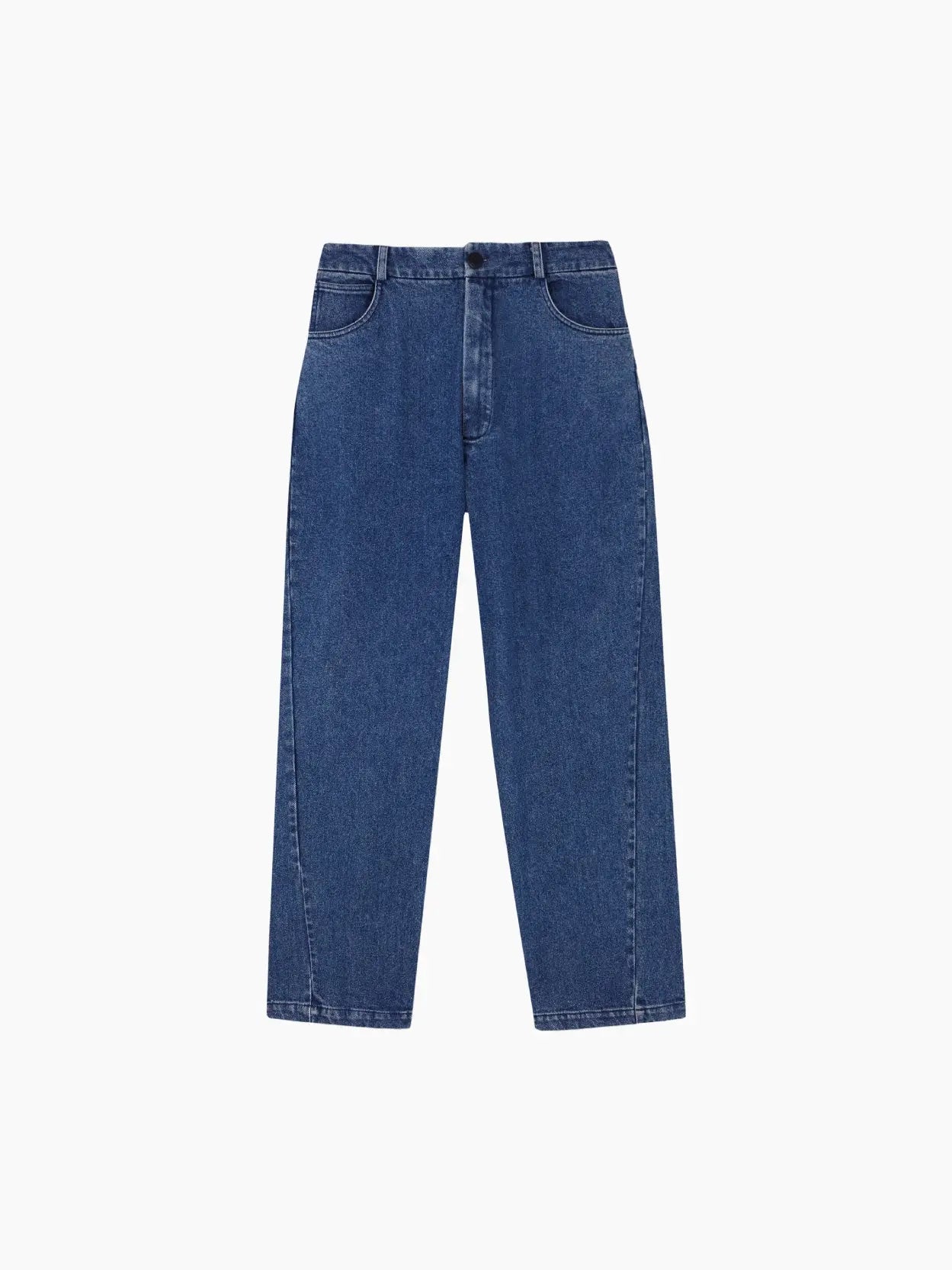 A pair of Straight Denim Pants Indigo with a high waist and straight-leg cut, available at Bassalstore in Barcelona. The Cordera pants feature a button and zipper closure, front pockets, and a simple design with no visible embellishments or distressing.