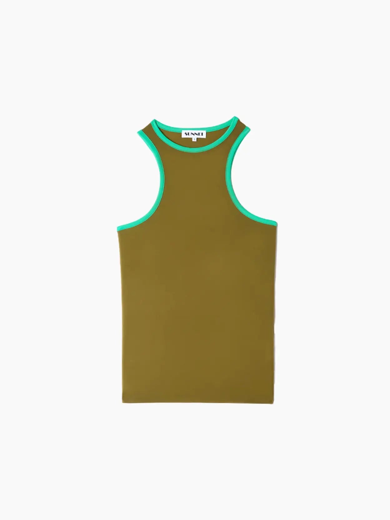 A sleeveless, brown tank top with green trim around the armholes and neckline. The tag at the collar reads "SUNNEI" in black text. The Stretchy Halter Top Olive Green is available at Bassalstore in Barcelona against a clean white background.