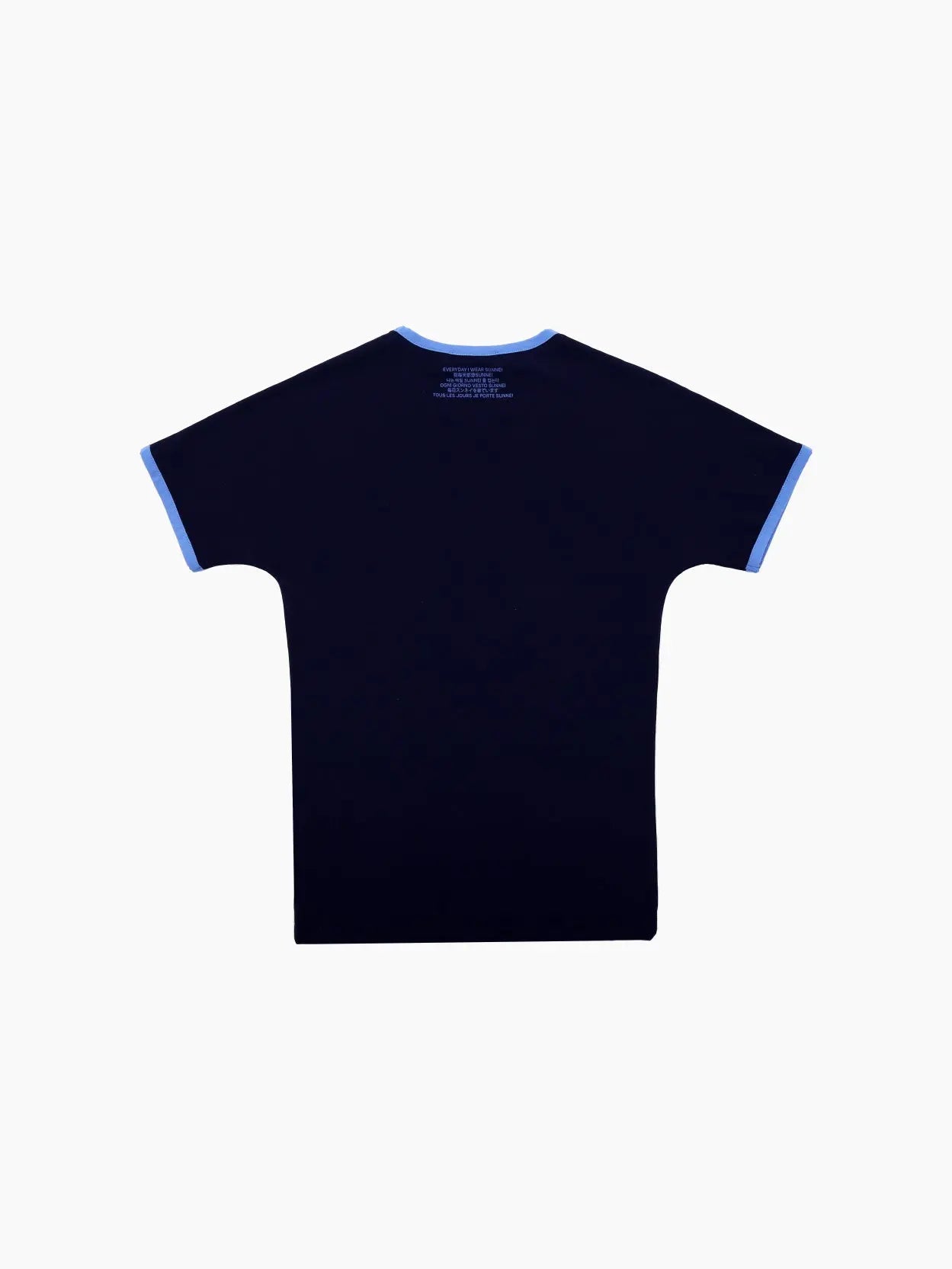 A plain, navy blue Stretchy Shortsleeve Top Navy with light blue trim around the collar and sleeves. The label inside the collar reads "Sunnei." The shirt, available at BassalStore, is displayed against a plain white background.