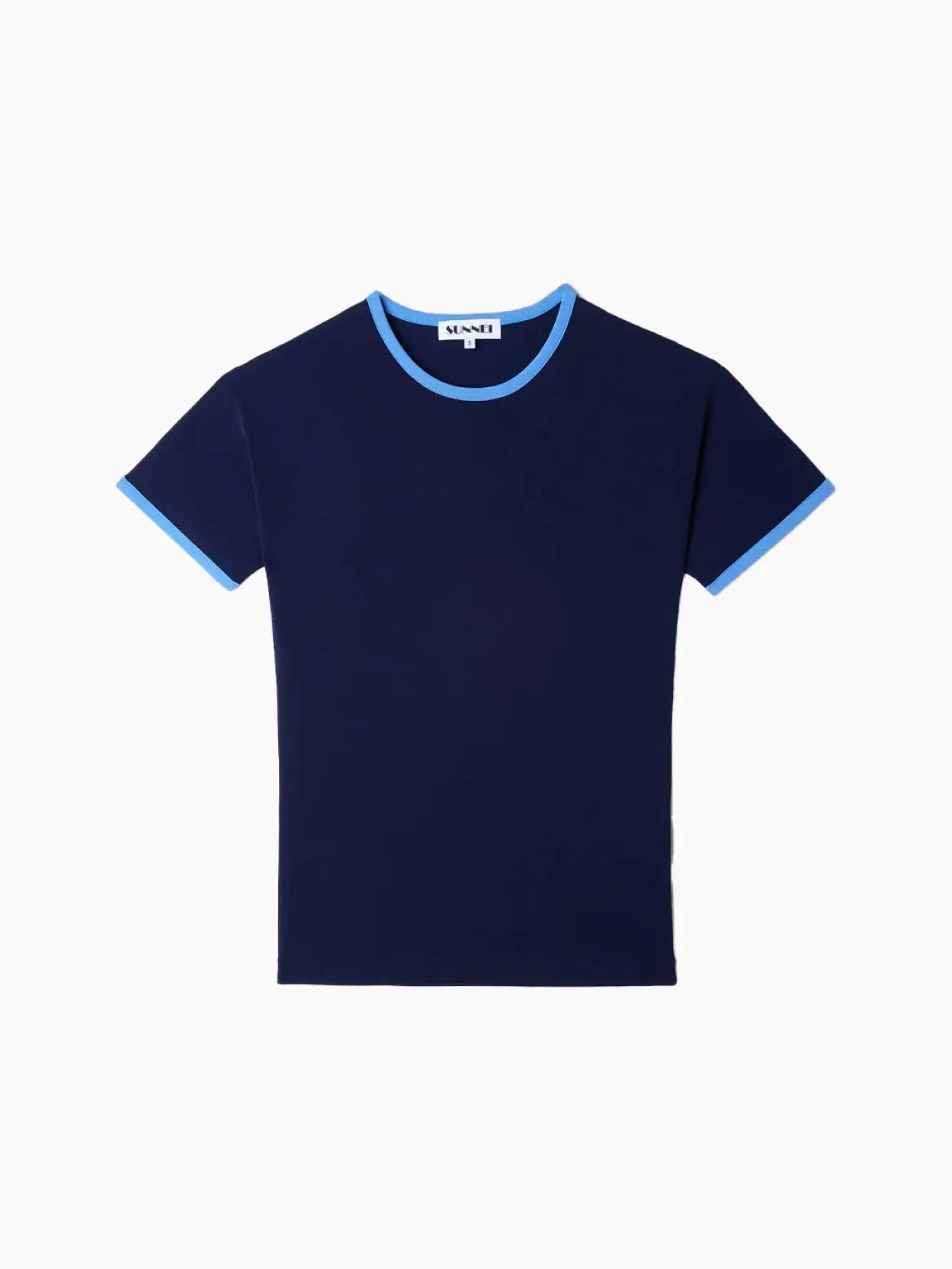 A plain, navy blue Stretchy Shortsleeve Top Navy with light blue trim around the collar and sleeves. The label inside the collar reads "Sunnei." The shirt, available at BassalStore, is displayed against a plain white background.