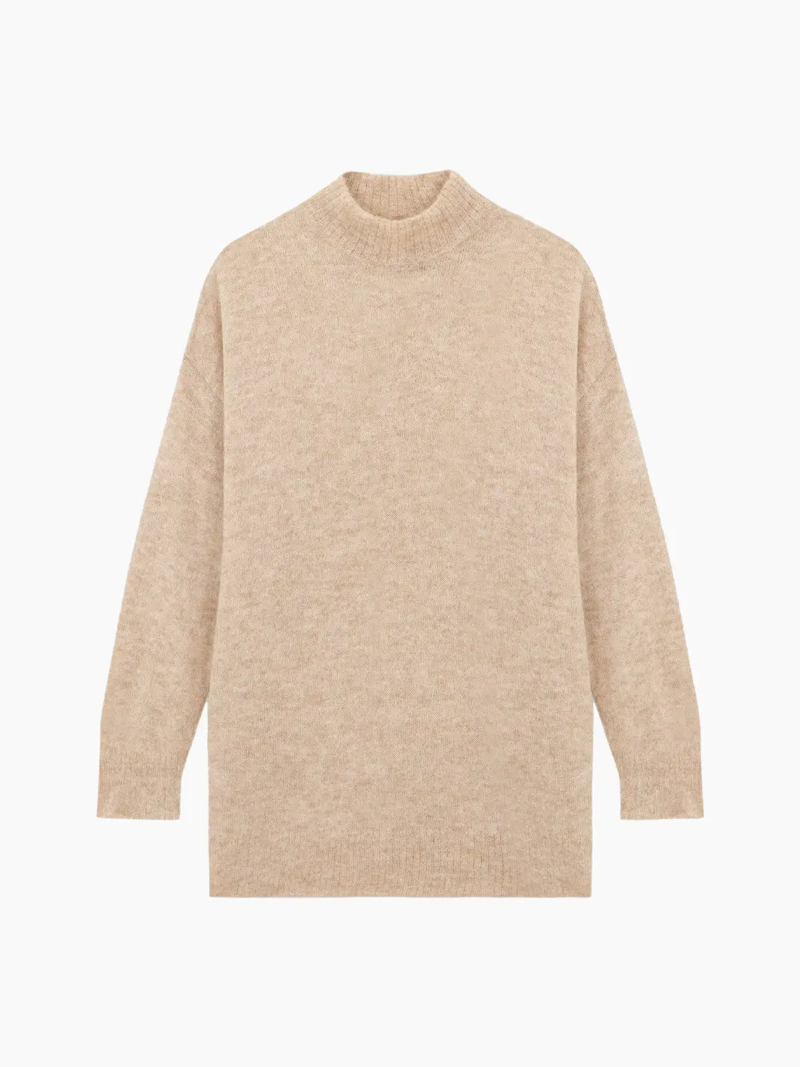 A beige, long-sleeved, knitted Suri Turtleneck Sweater Avene from Cordera. The sweater has a loose, relaxed fit and appears to be made of soft, cozy material. It is laid flat against a plain white background.