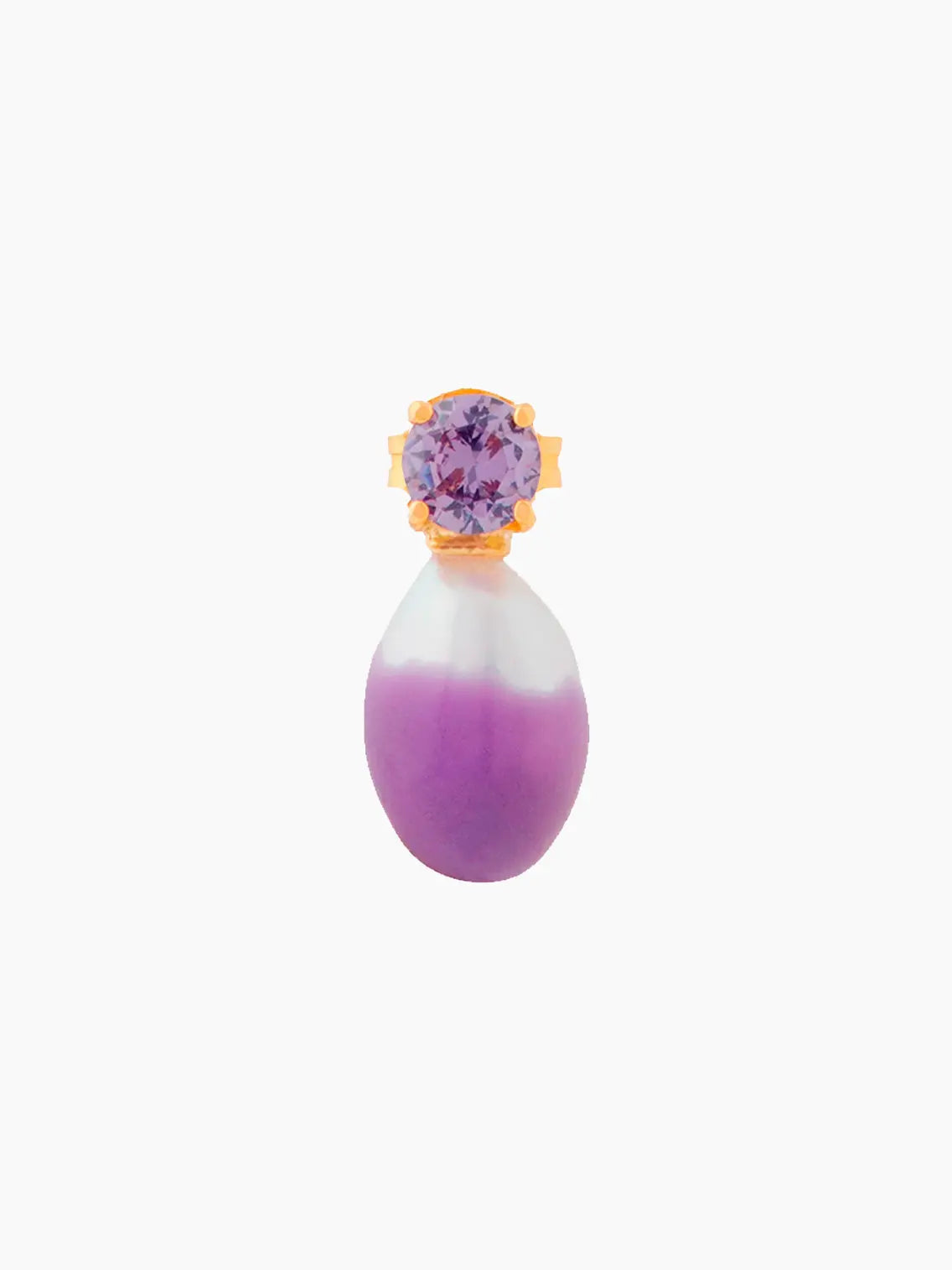 An elegant earring from Wilhelmina Garcia featuring a round purple gemstone set in a gold-colored prong, adorned with a teardrop-shaped purple and white gradient charm beneath it. The Swan Lake Pearl Earring has a sophisticated and modern design with a vibrant color scheme, perfect for any fashion-forward Barcelona resident.