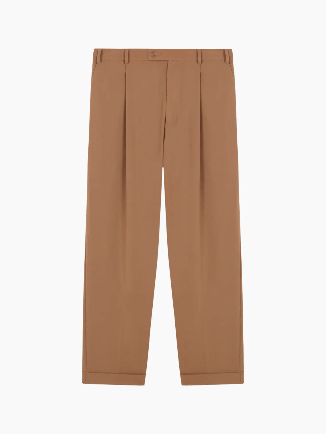 A pair of Tailoring Masculine Pants Camel by Cordera with a button closure at the waist. The pants have a straight-leg design and belt loops. They are laid flat, facing upward, against a plain white background, showcasing the timeless style available exclusively at Bassalstore in Barcelona.