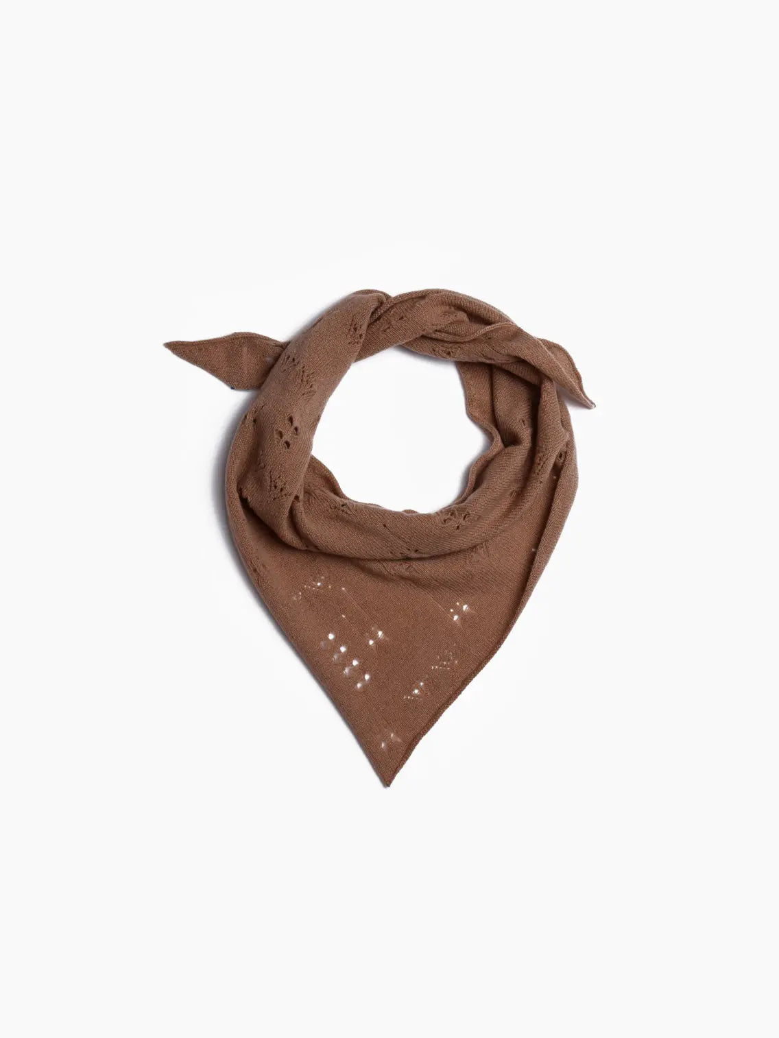 A brown, knitted bandana with a folded and tied design, featuring subtle, decorative eyelet patterns. The fabric has a soft texture, and the bandana is displayed on a plain, light background. Find this unique piece at our bassalstore in Barcelona, the Tar Mini Scarf Taupe by Bielo.