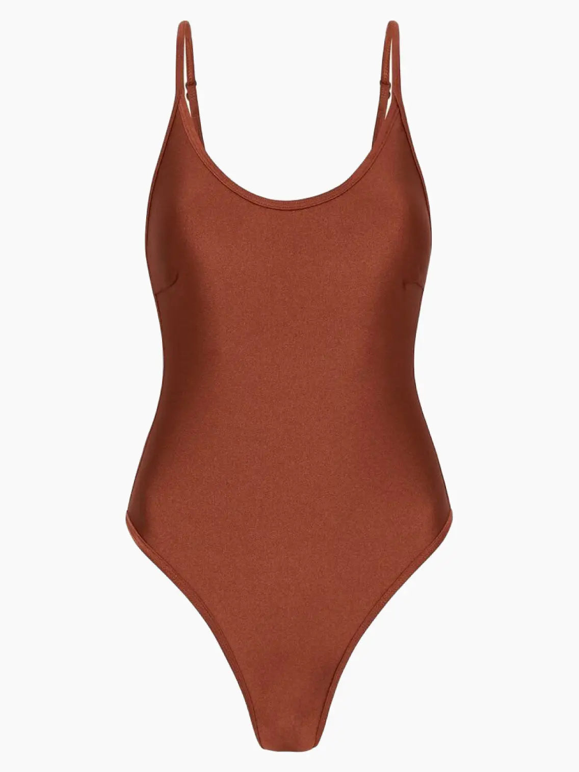 A rust-colored, one-piece swimsuit with thin shoulder straps and a scoop neckline, displayed on a white background. Available exclusively at Bassalstore, the Terracotta Scoop One Piece Swimwear by Innes Lauren features a sleek, minimalist design with high-cut legs perfect for any Barcelona beach day.