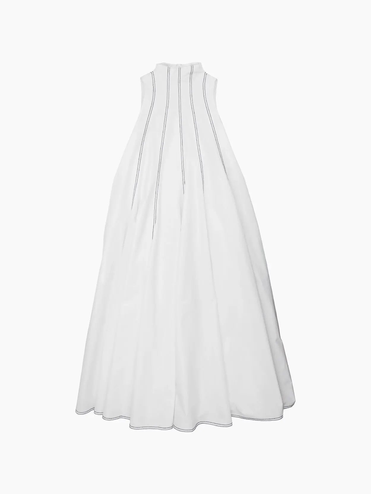A Sunnei Tulipano Dress: a sleeveless white dress with a high neckline and a full, flowing skirt. The dress features vertical stitching details that run from the neckline down the bodice and along the skirt, creating a structured look. Available at BassalStore in Barcelona. The background is plain white.