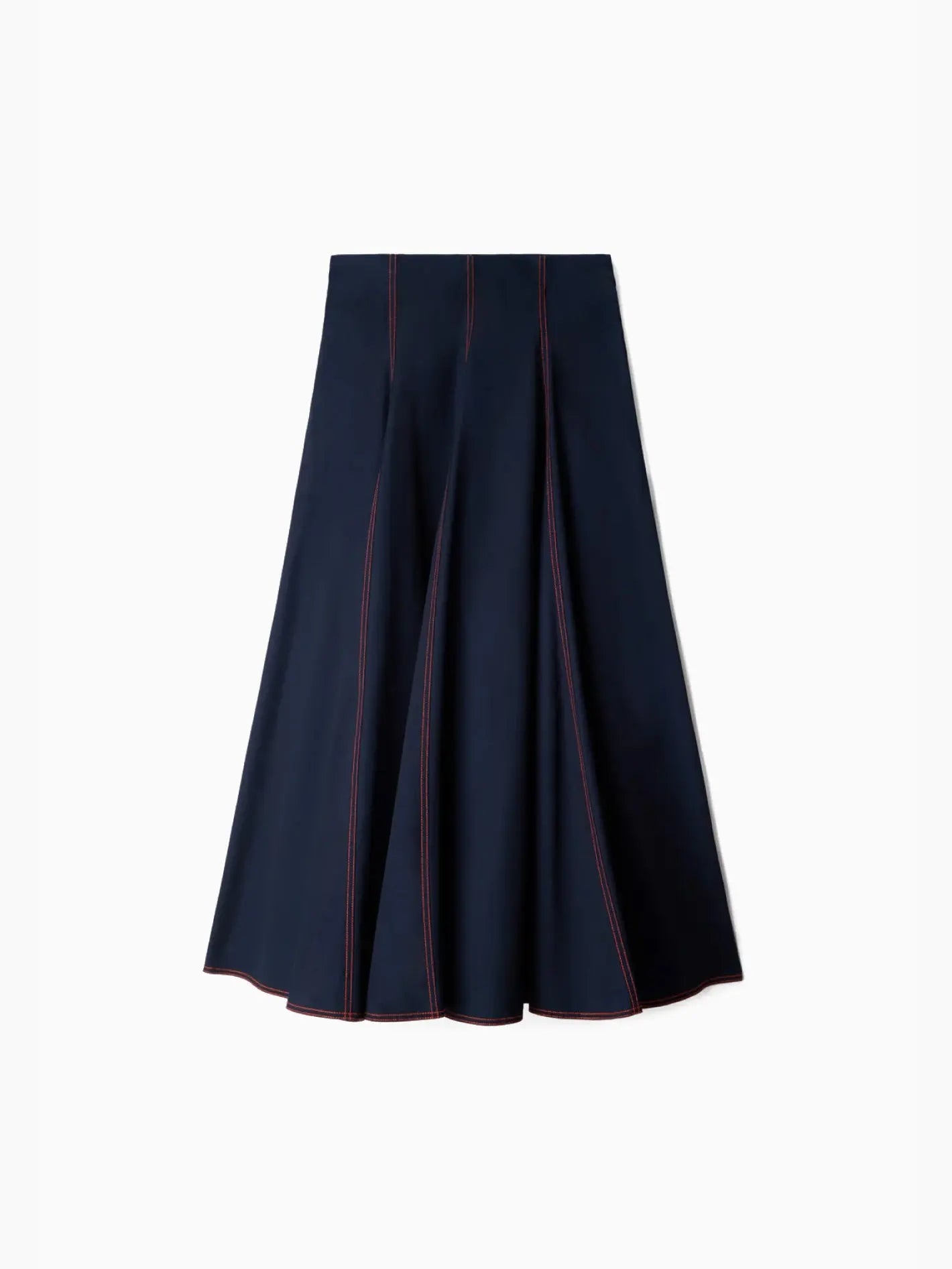 A navy blue Tulipano Skirt Washed Denim with red stitching accents on vertical seams from Sunnei. The skirt flares out slightly with pleats, offering a classic and elegant design. The background is plain white, highlighting the skirt’s details.
