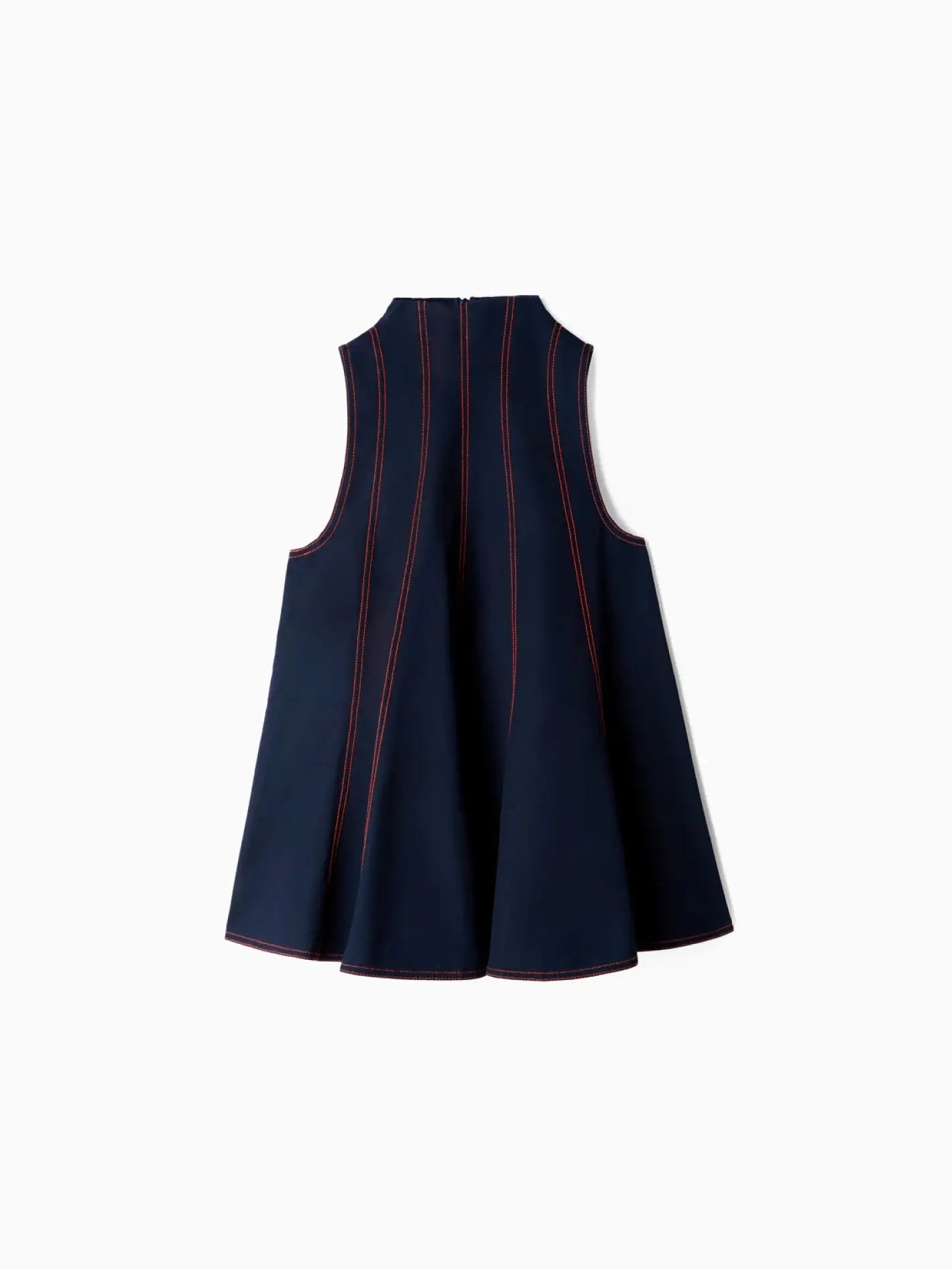 A sleeveless, navy blue Tulipano Top from Sunnei with red vertical stitching lines from the neckline to the hem. The top has a flared, A-line silhouette and is photographed against a plain white background. This stylish piece embodies the chic fashion of Barcelona.