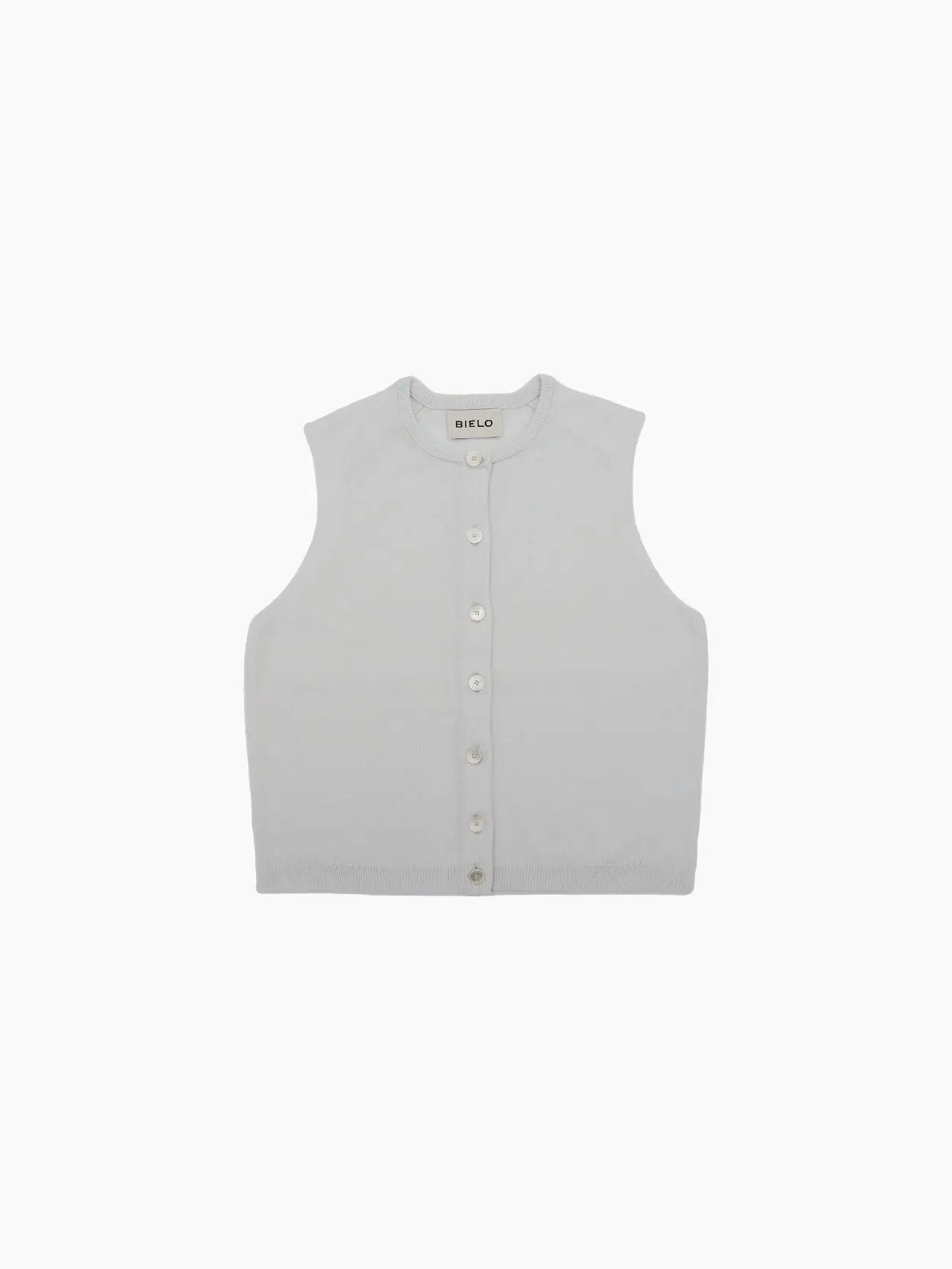 A light gray, sleeveless, button-up knit vest is shown against a white background. The vest has a round neckline and features a series of buttons down the front. The label inside the collar reads "Bielo," exclusively available at Bassalstore in Barcelona.