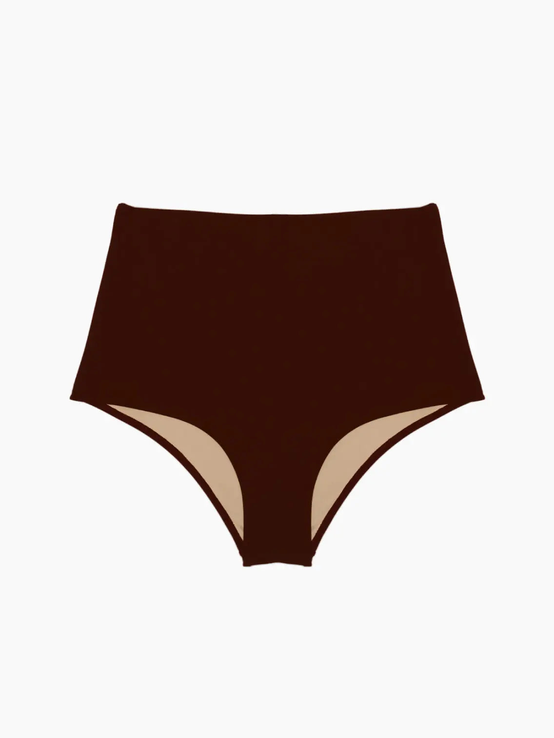 A pair of Lido Undici Bikini High Waist Bottom Brown with a smooth fabric texture, displayed on a plain white background. The undergarment has a simple and classic design with high-cut leg openings, available exclusively at BassalStore.