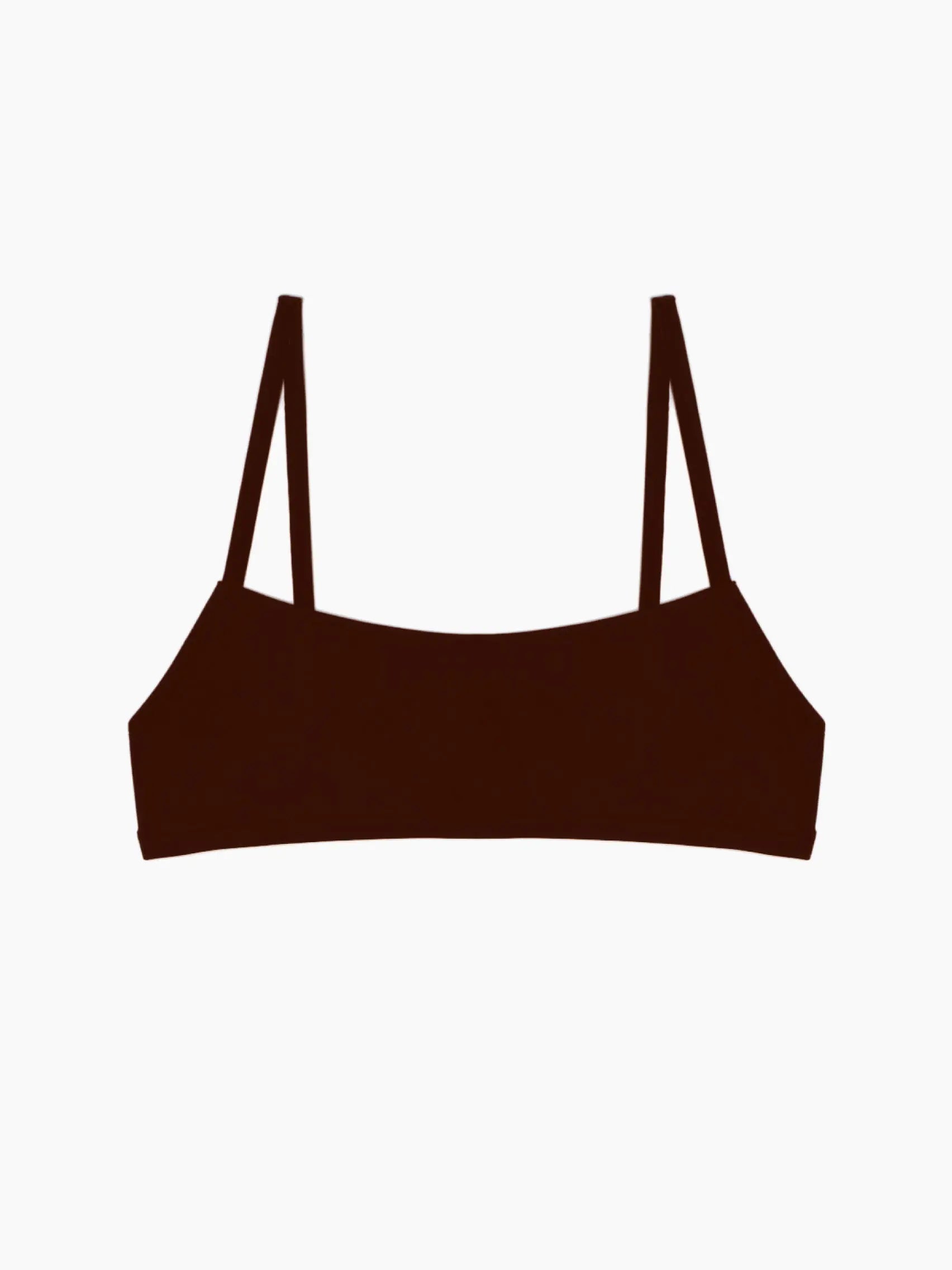 A dark brown Undici Bikini Top Brown from Lido with thin shoulder straps is displayed against a white background. The bikini top, available at Bassal Store in Barcelona, boasts a simple, minimalist design with a straight neckline and wide sidebands.