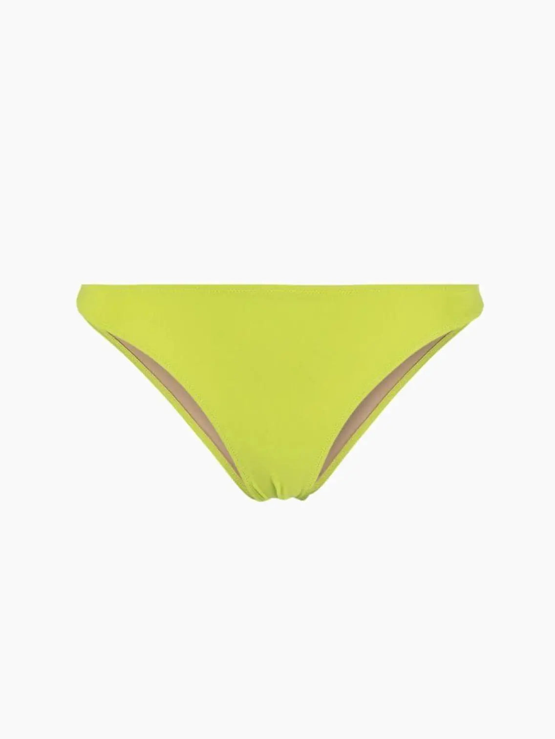 A pair of bright neon green Undici Low Waist Bikini Bottoms by Lido with a plain design, available exclusively at Bassalstore in Barcelona. The fabric is smooth and stretchy, and the style appears to be a classic bikini cut. The background is plain and solid white, making the bikini bottoms stand out prominently.