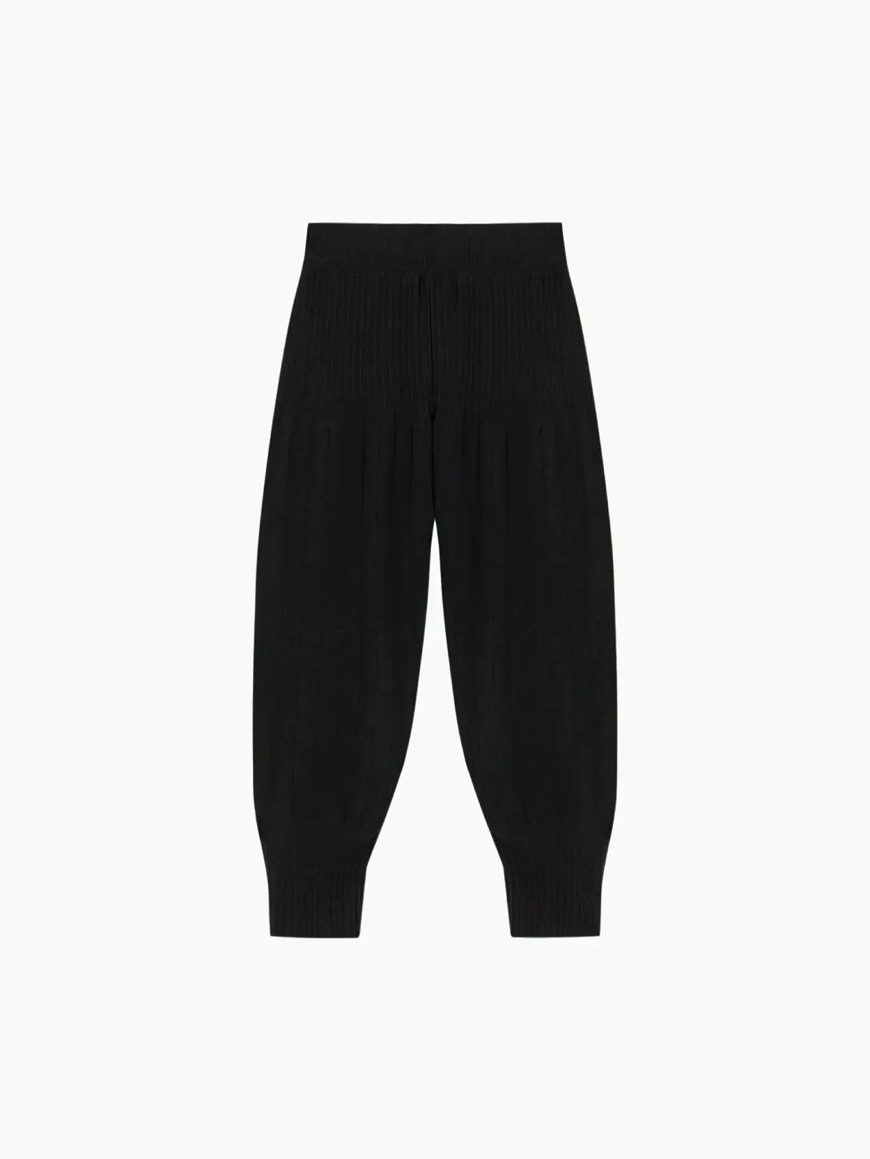 A pair of Viscose Pleated Pants Black by Cordera with a high, elastic waistband and gathered ankles. The fabric appears to be lightweight and comfortable, perfect for casual wear. Displayed against a plain white background, these stylish pants are available at Bassalstore in Barcelona.