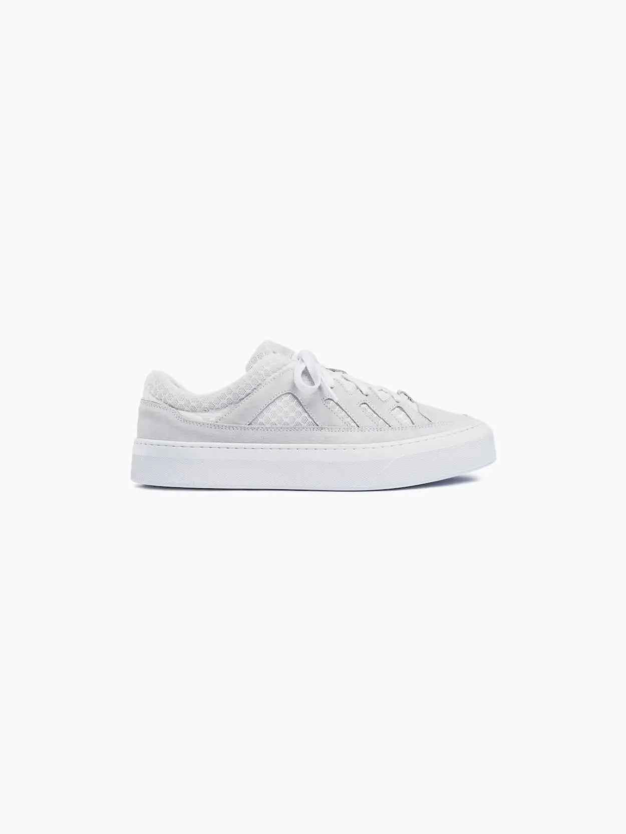 A side view of a single white low-top sneaker featuring a textured design with a cushioned collar and white laces. The shoe has a rubber sole and appears to be made from soft fabric material. Photographed against a white background, the Diemme Lonato Low White Mesh/White Suede is available at bassalstore in Barcelona.