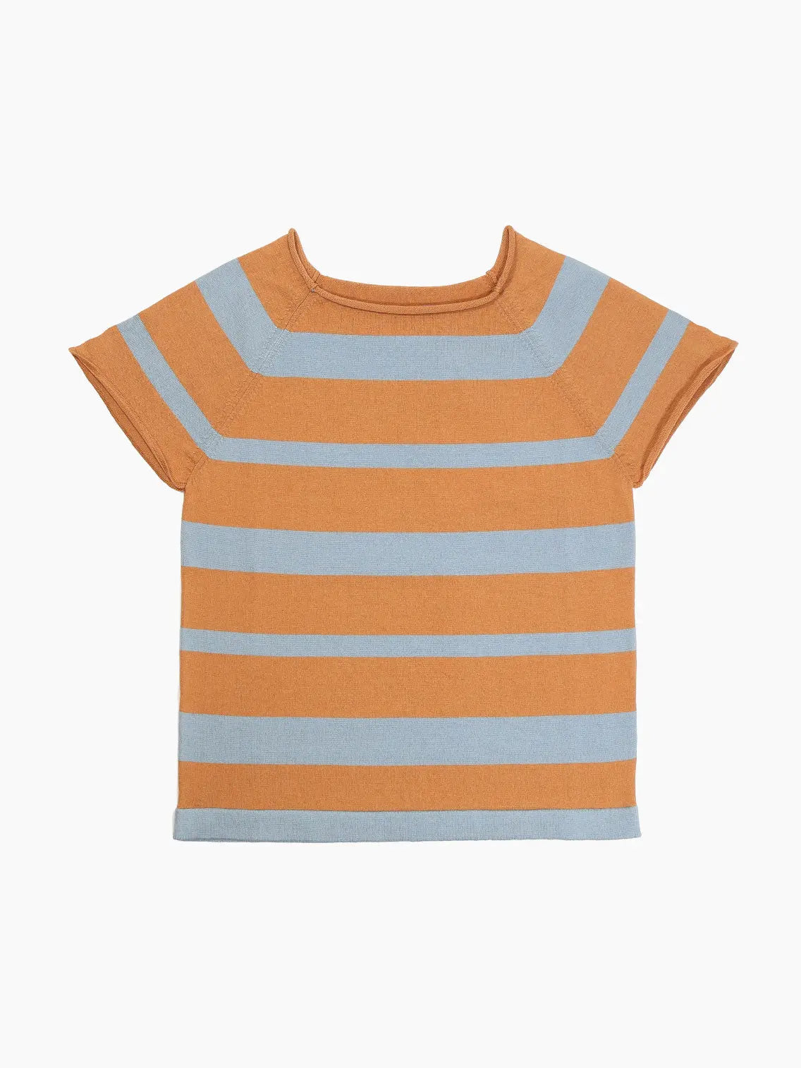A short-sleeved, square-neck top featuring horizontal stripes in alternating burnt orange and light blue colors on a plain white background, available exclusively at Bassalstore in Barcelona. The product is the "Blow T-Shirt Tile/Sky" by Bielo.