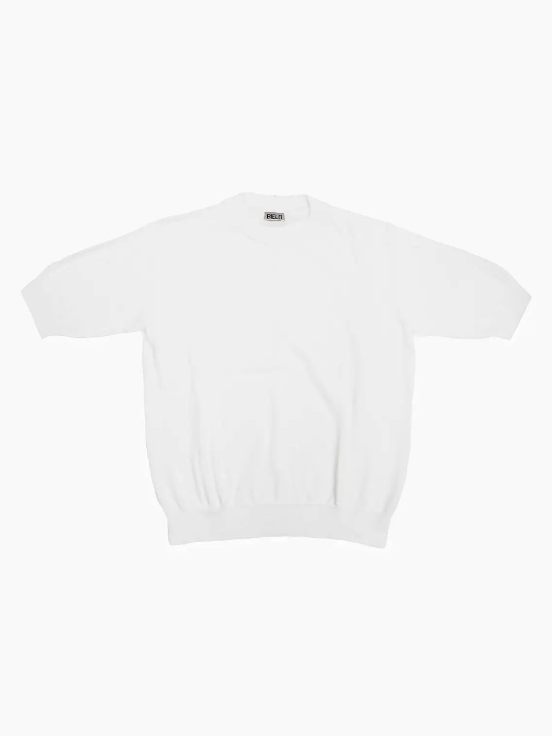 A plain white, long-sleeved sweater with a crew neck is displayed against a white background. The Cloud Crew Neck by Bielo, available at BassalStore, features ribbed cuffs and hem. The fabric appears soft and slightly stretchy.