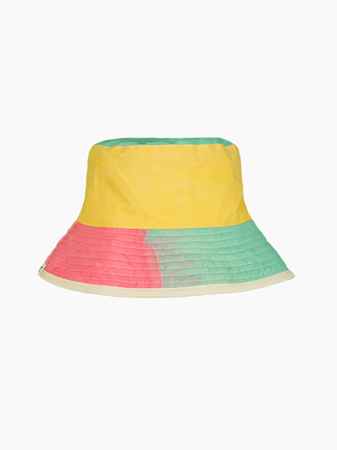 A vibrant Color Block Bucket Hat from Romualda, with three color blocks: yellow on top, red in the middle, and green at the bottom, featuring a white brim.