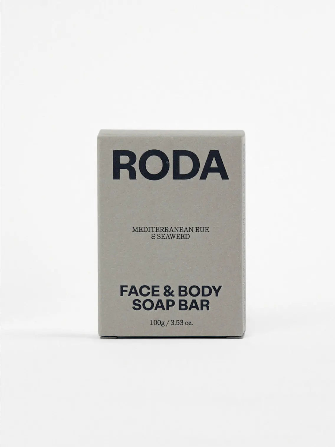 A beige box of Roda Face & Body Soap Bar - Mediterranean Rue & Seaweed is centered against a white background, available at BassalStore in Barcelona. The package is labeled "Mediterranean Rue & Seaweed" and "100g / 3.53 oz.