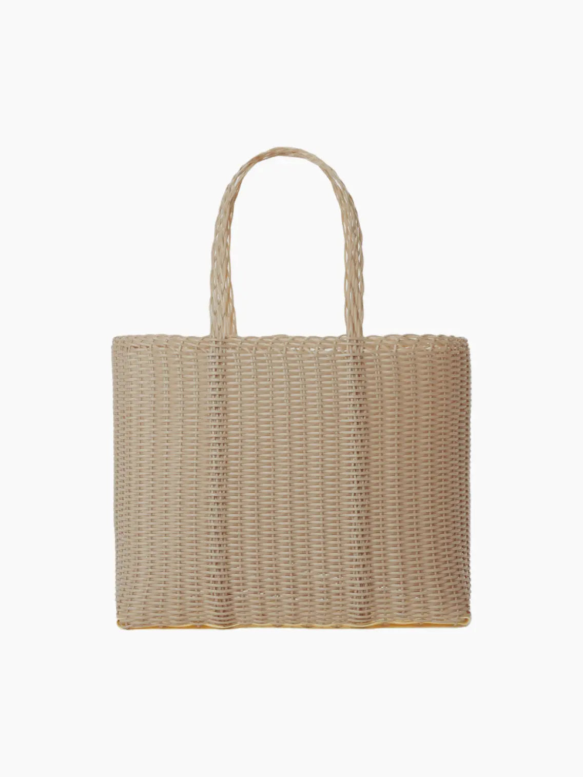 A Palorosa Flat Small Sand Bag from bassalstore, featuring two rounded handles for easy carrying. The bag has a natural, beige color and boasts a simple, minimalist design. Its uniform weaving pattern gives it a sturdy appearance. The background is plain white, enhancing its elegant look.