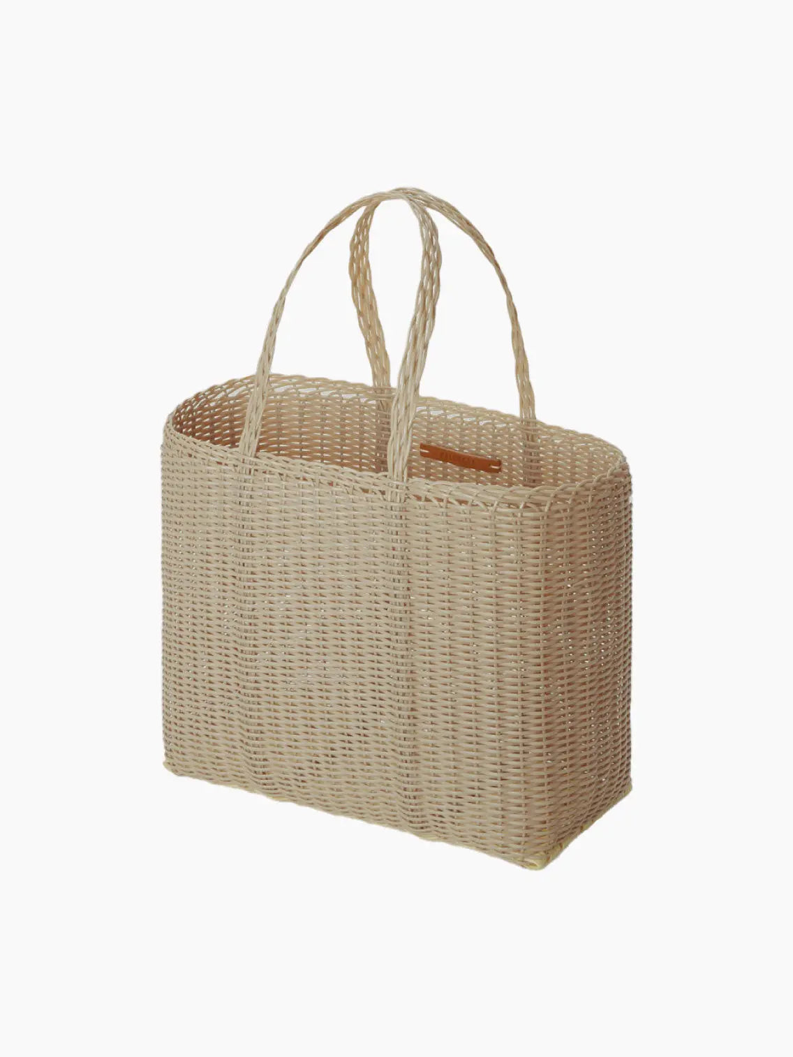 A Palorosa Flat Small Sand Bag from bassalstore, featuring two rounded handles for easy carrying. The bag has a natural, beige color and boasts a simple, minimalist design. Its uniform weaving pattern gives it a sturdy appearance. The background is plain white, enhancing its elegant look.