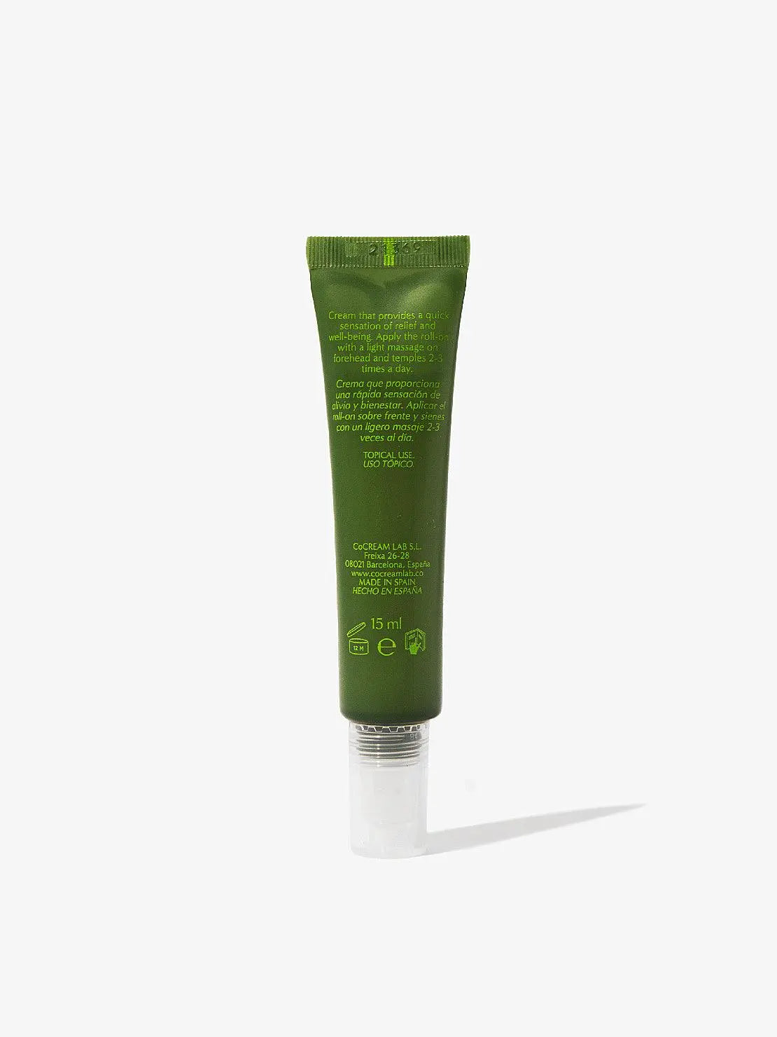A green tube of Head Cream 15ml with a white screw cap, labeled "CoCream Lab Head Cream 15ml" in light green text, set against a plain white background, reminiscent of the sleek design you might find in a chic Barcelona store.